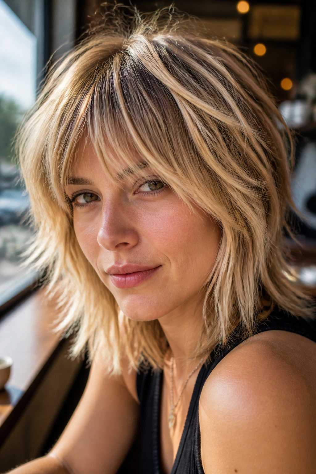Close-up of real woman with golden vanilla ribbons in a shag haircut in cafe sunlight