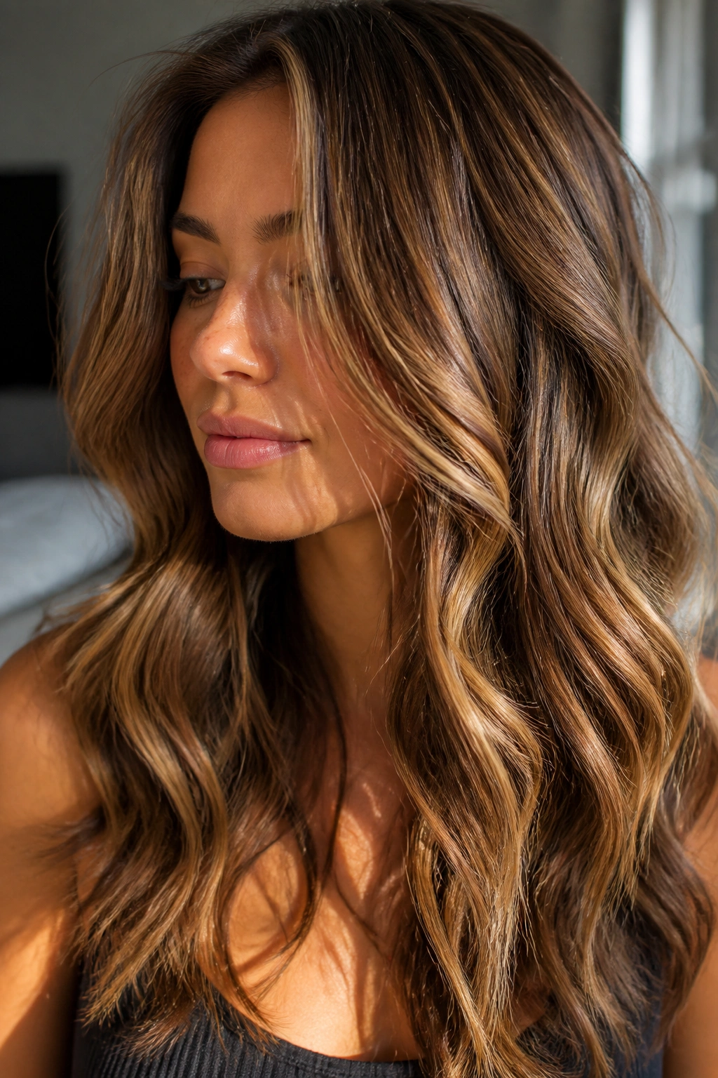 Close-up portrait of a real woman with golden walnut brown hair and golden highlights catching sunlight.