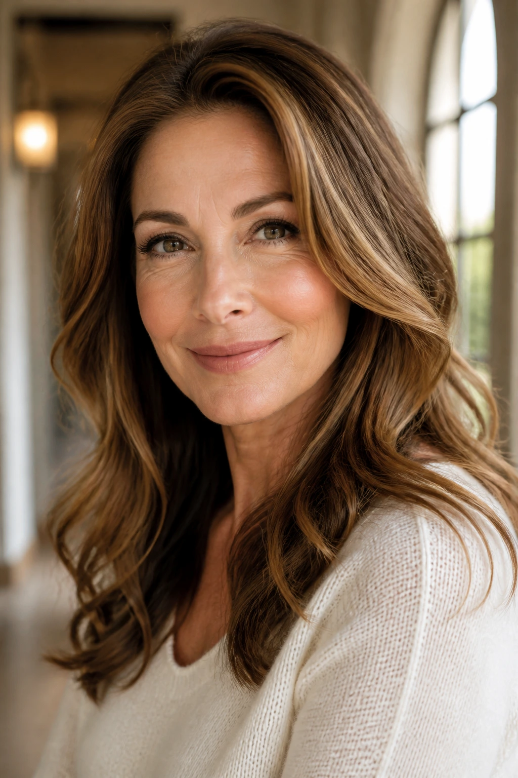 Close-up portrait of a real woman with Golden Walnut for a Soft Glow hair shade in natural light.