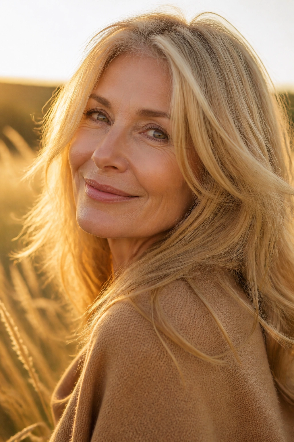Close-up of a real woman with golden wheat blonde outdoors at golden hour