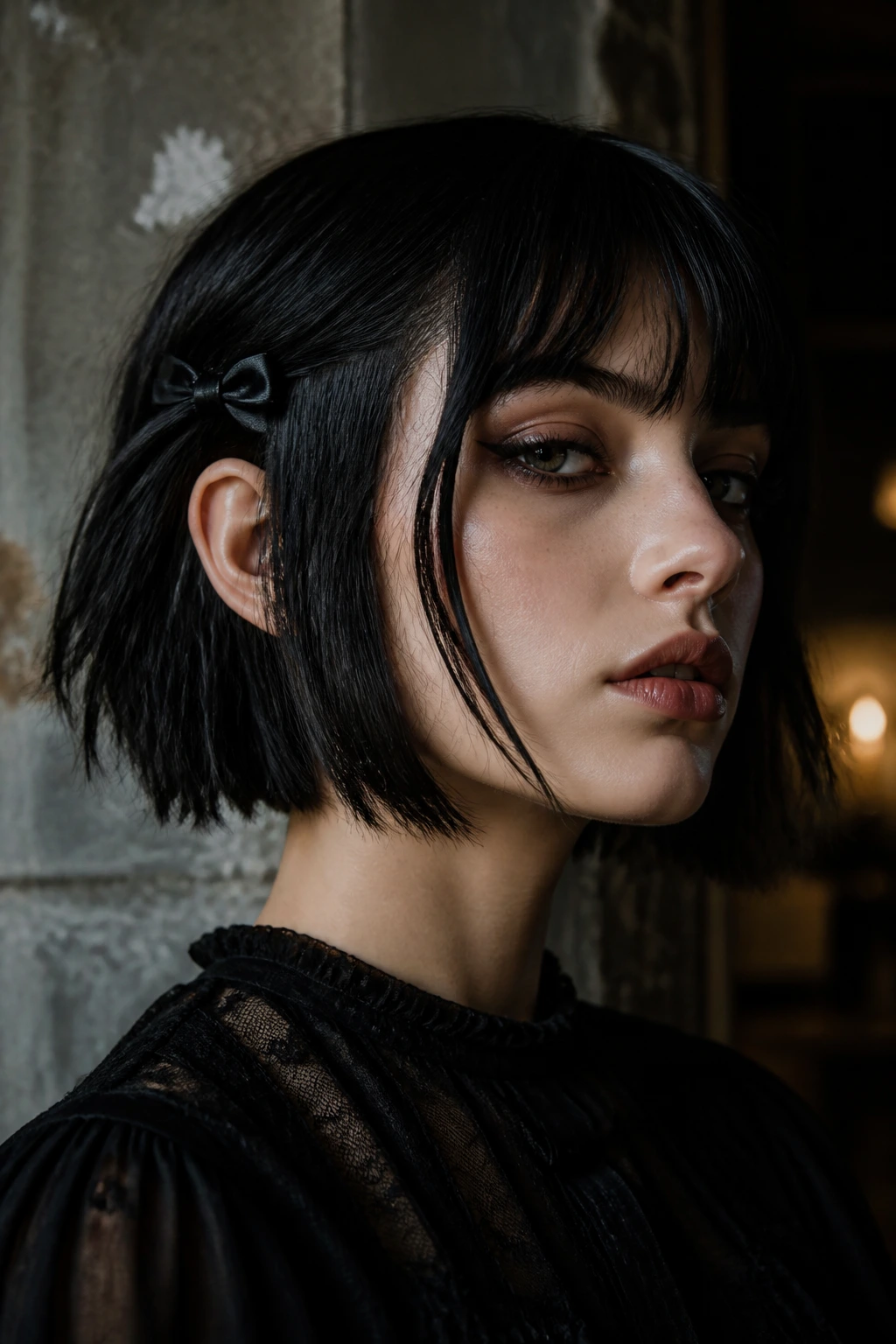 Close-up of a real woman with a choppy gothic bob and a small black ribbon