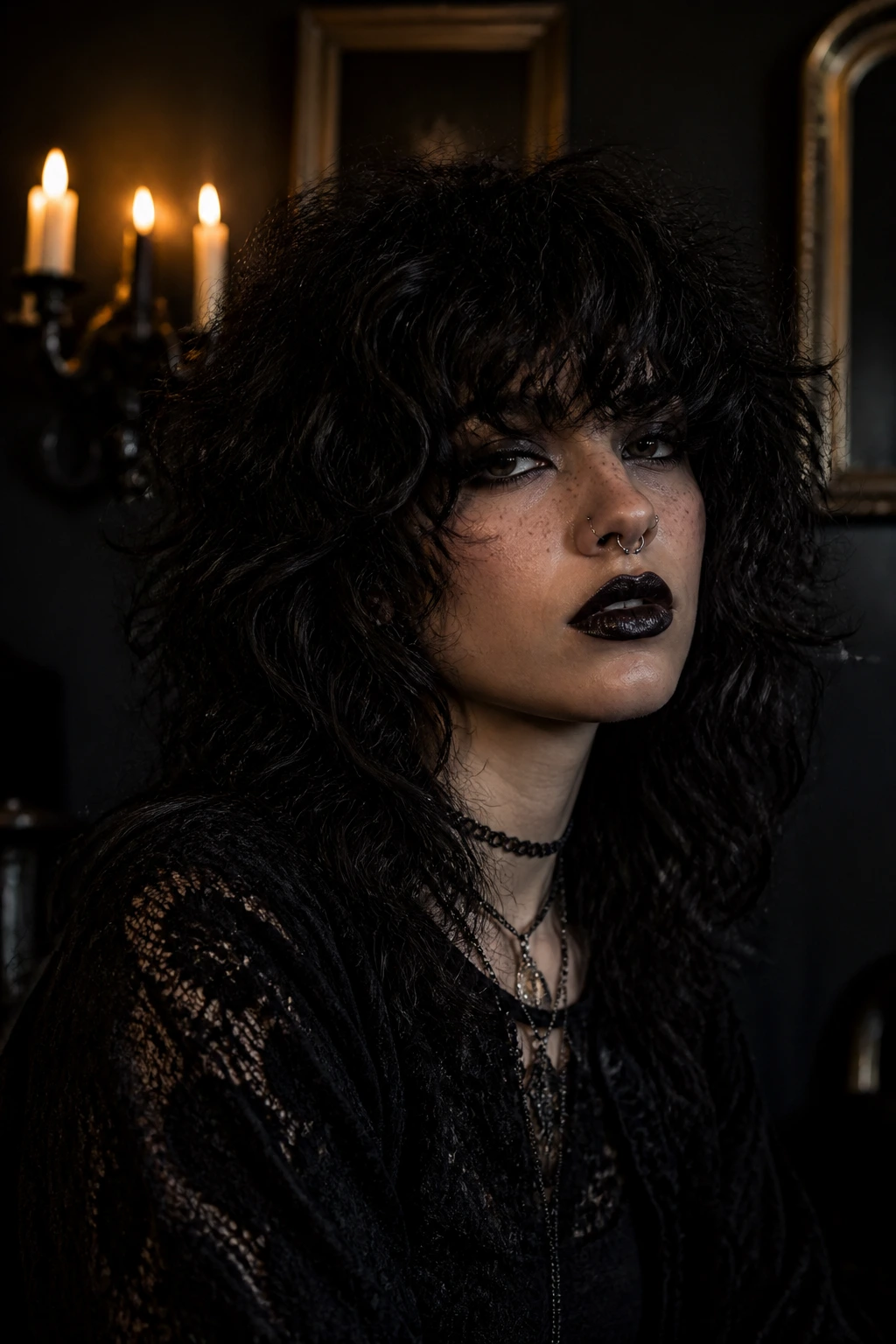 Close-up portrait of a real person with gothic curly wolf cut in a dimly lit moody room.