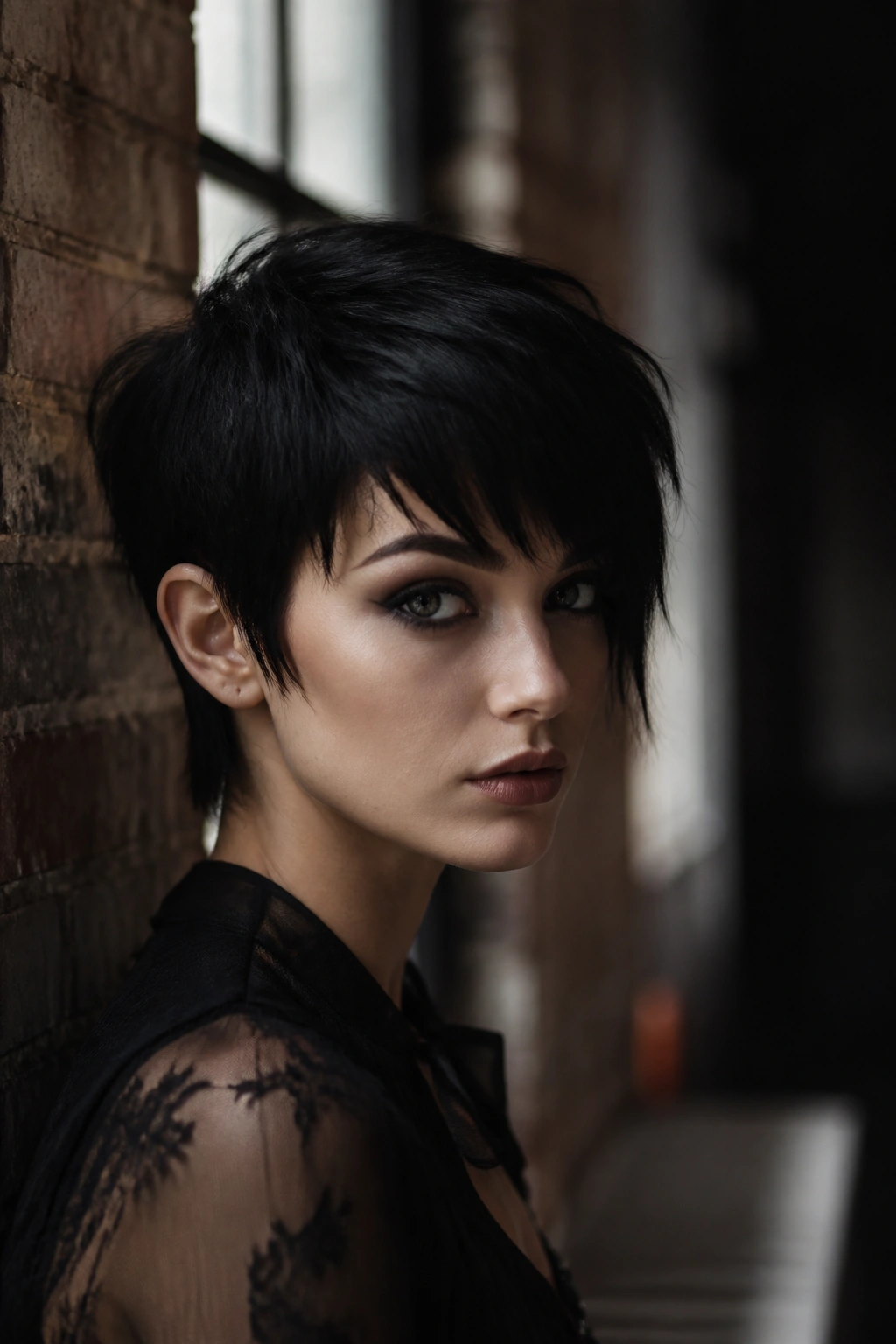 Close-up of a real woman with Gothic Fringe Pixie featuring heavy fringe and deep side part