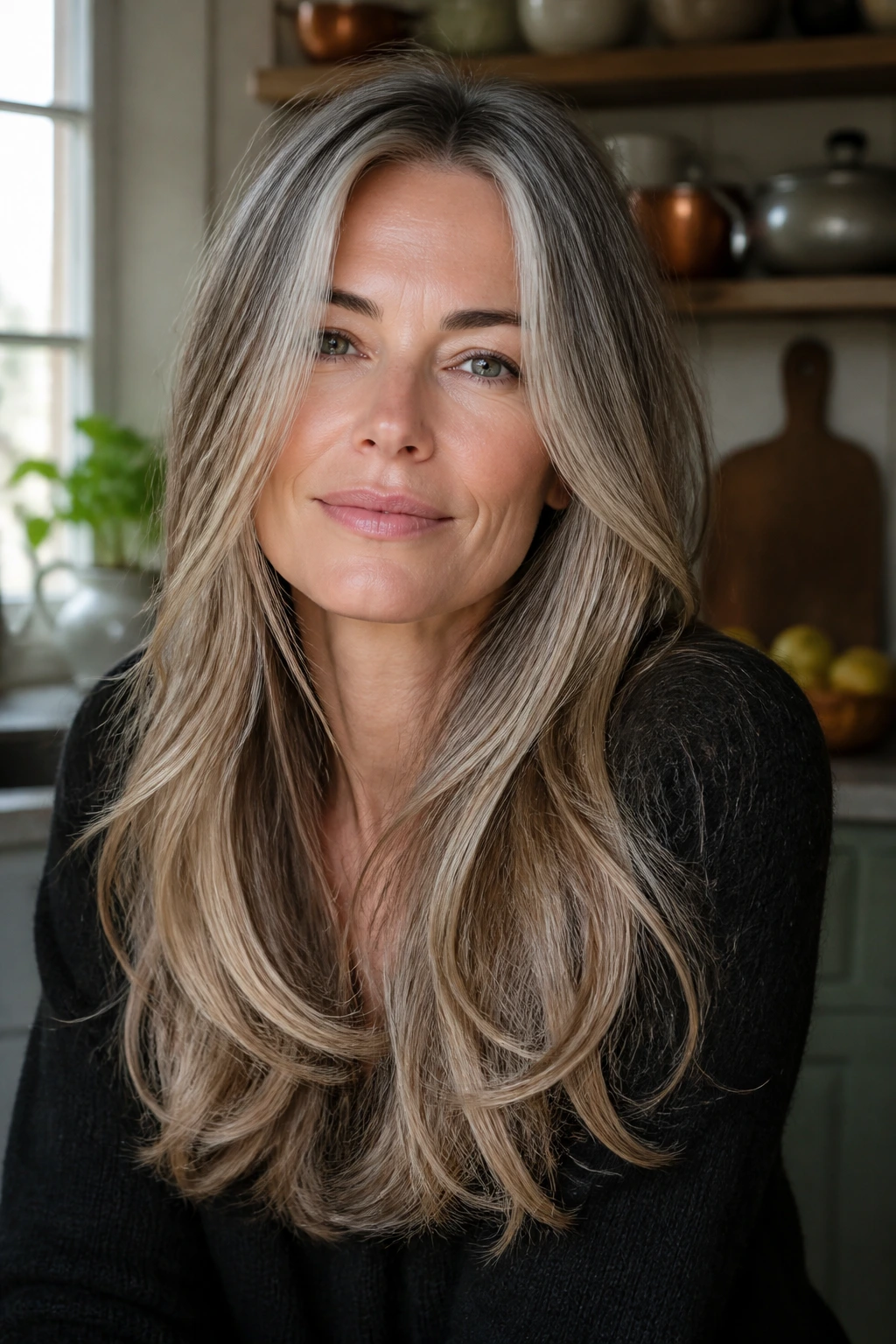 Close-up portrait of a real woman with graceful grow-out long hair framing the face