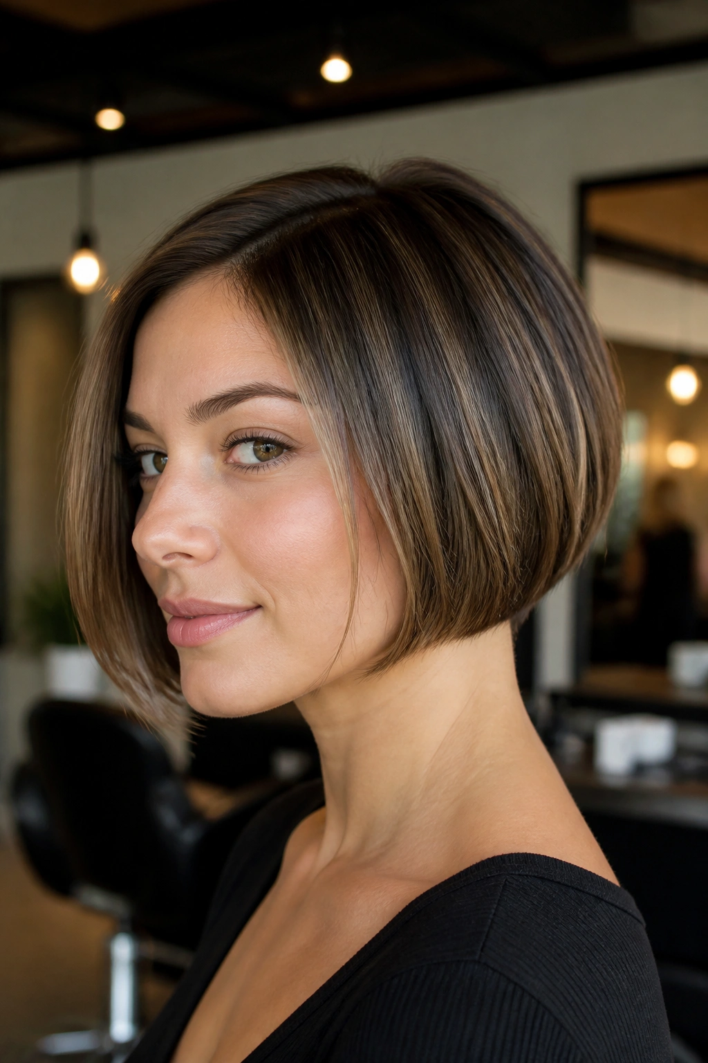 Close-up portrait of a real woman with chin-to-cheek gradient bob in warm salon lighting