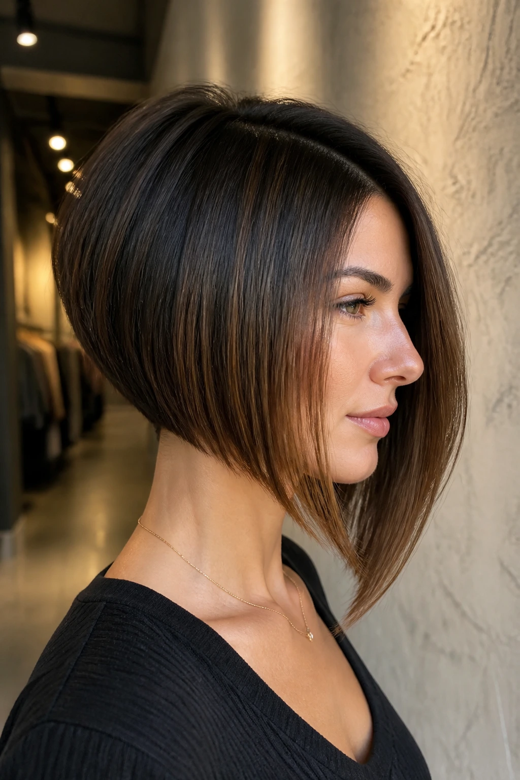 Portrait of a woman with a graduated A-line bob silhouette.