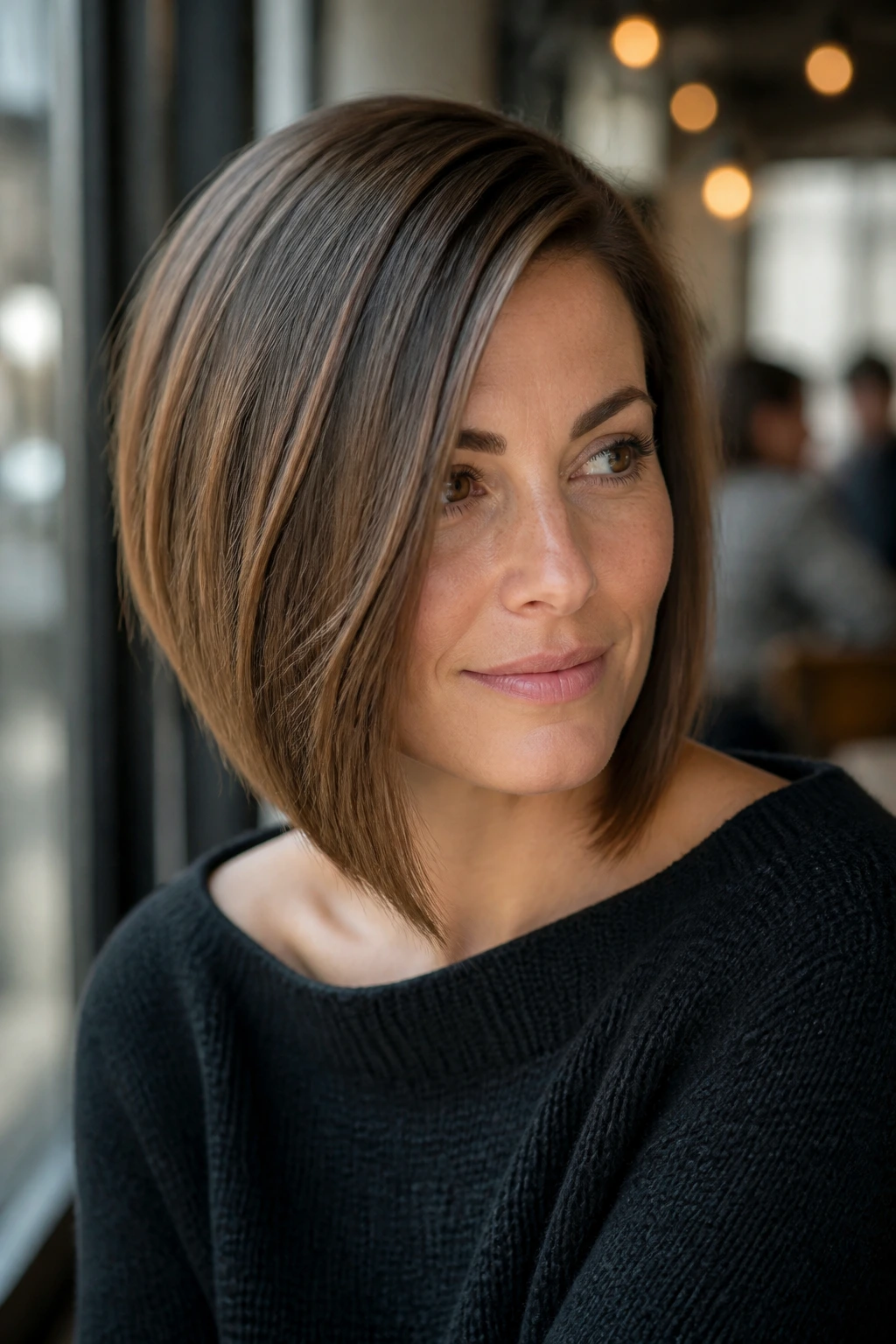 Real woman with graduated A-line bob and deep side part