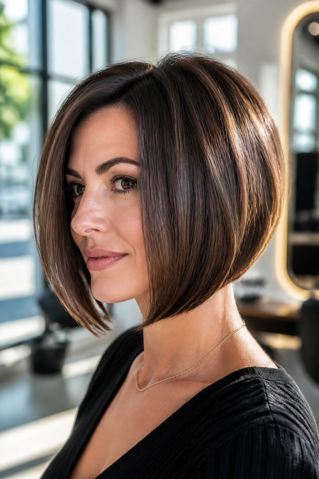 Close-up of a woman with a graduated bob and beveled front