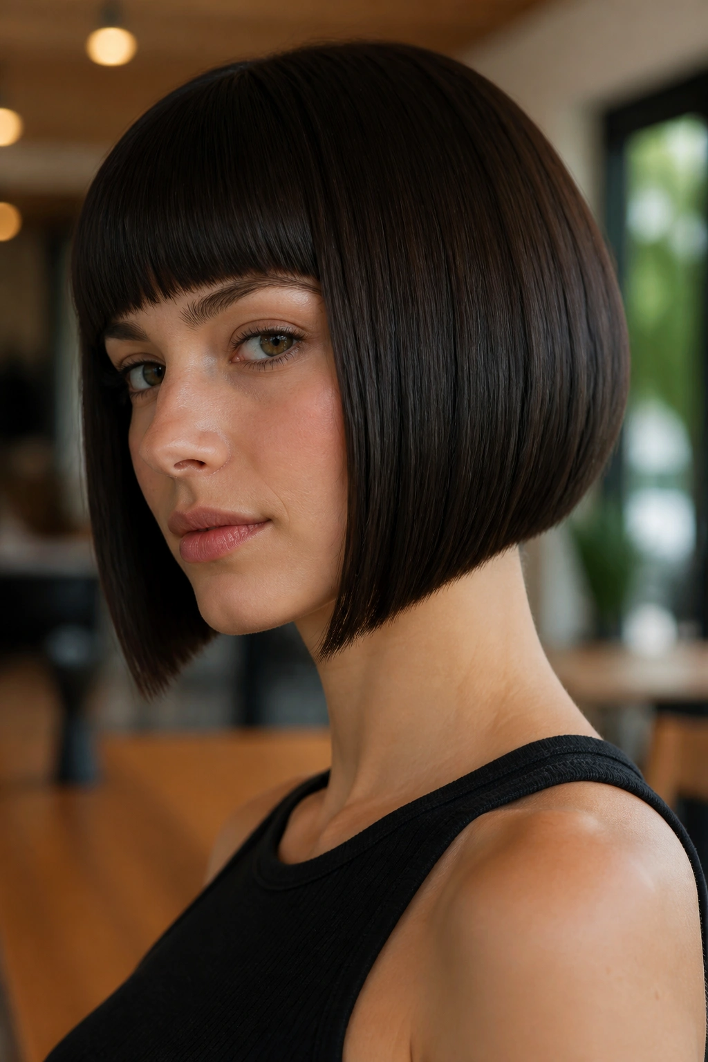 Close-up of a real woman with graduated bob and blunt fringe in warm interior