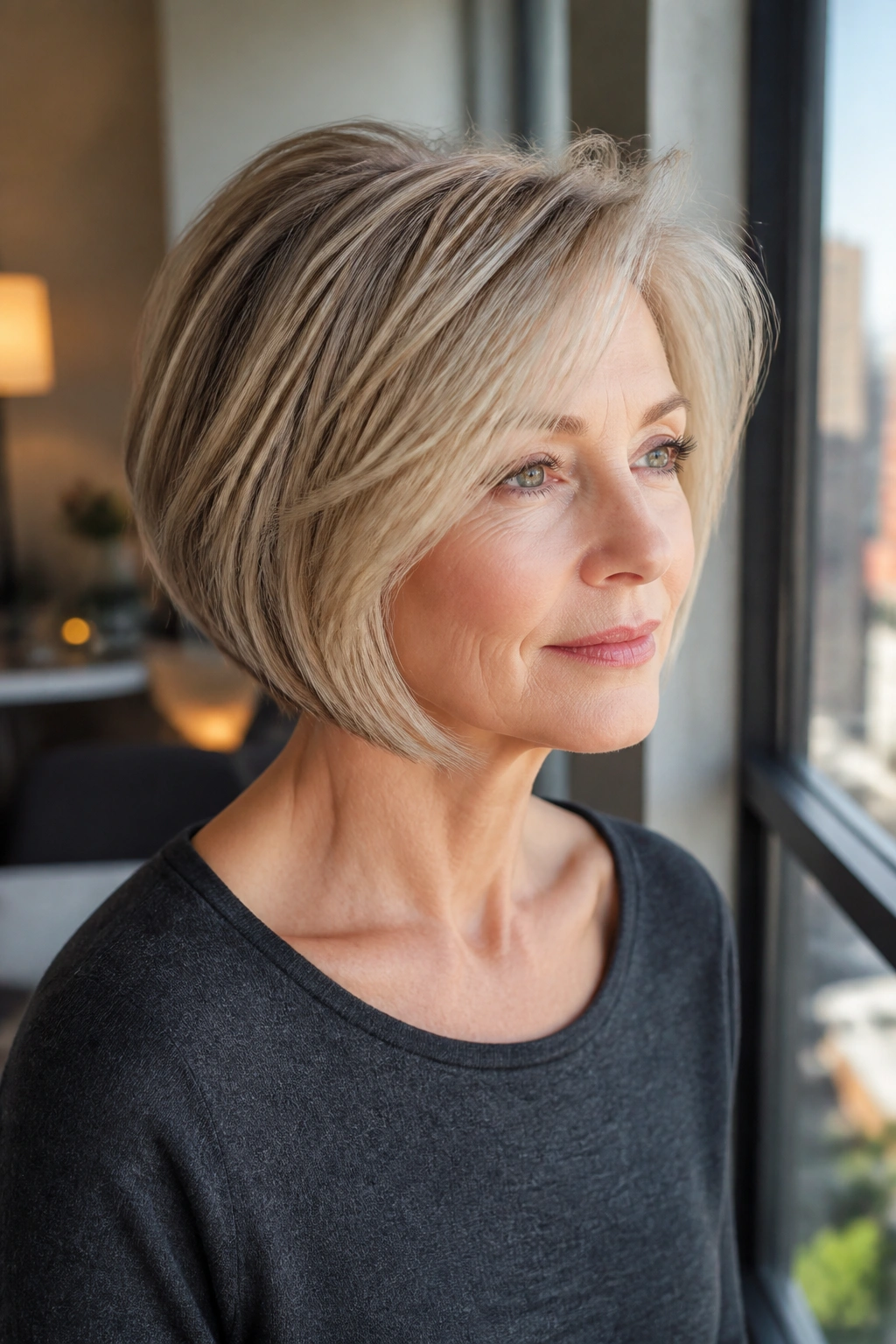 Close-up of real woman with graduated bob and crown lift