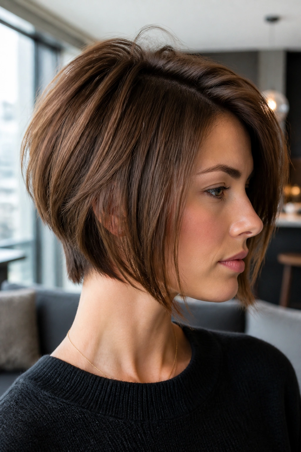 Close-up portrait of a real person with a graduated bob and crown lift