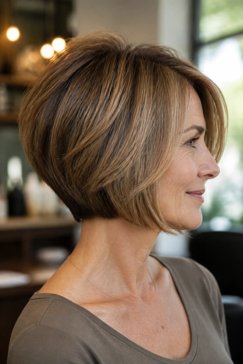 Portrait of a real woman with a Graduated Bob With Crown Lift showing crown lift and rounded back.