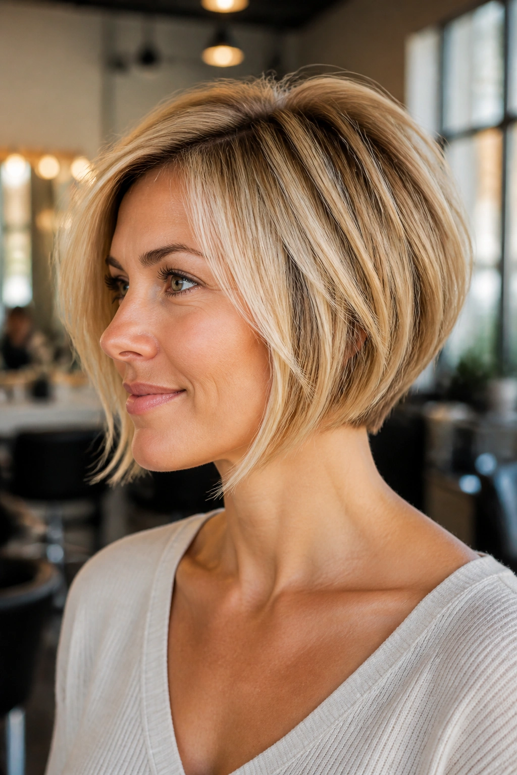 Real woman with graduated blonde bob and crown volume in a salon