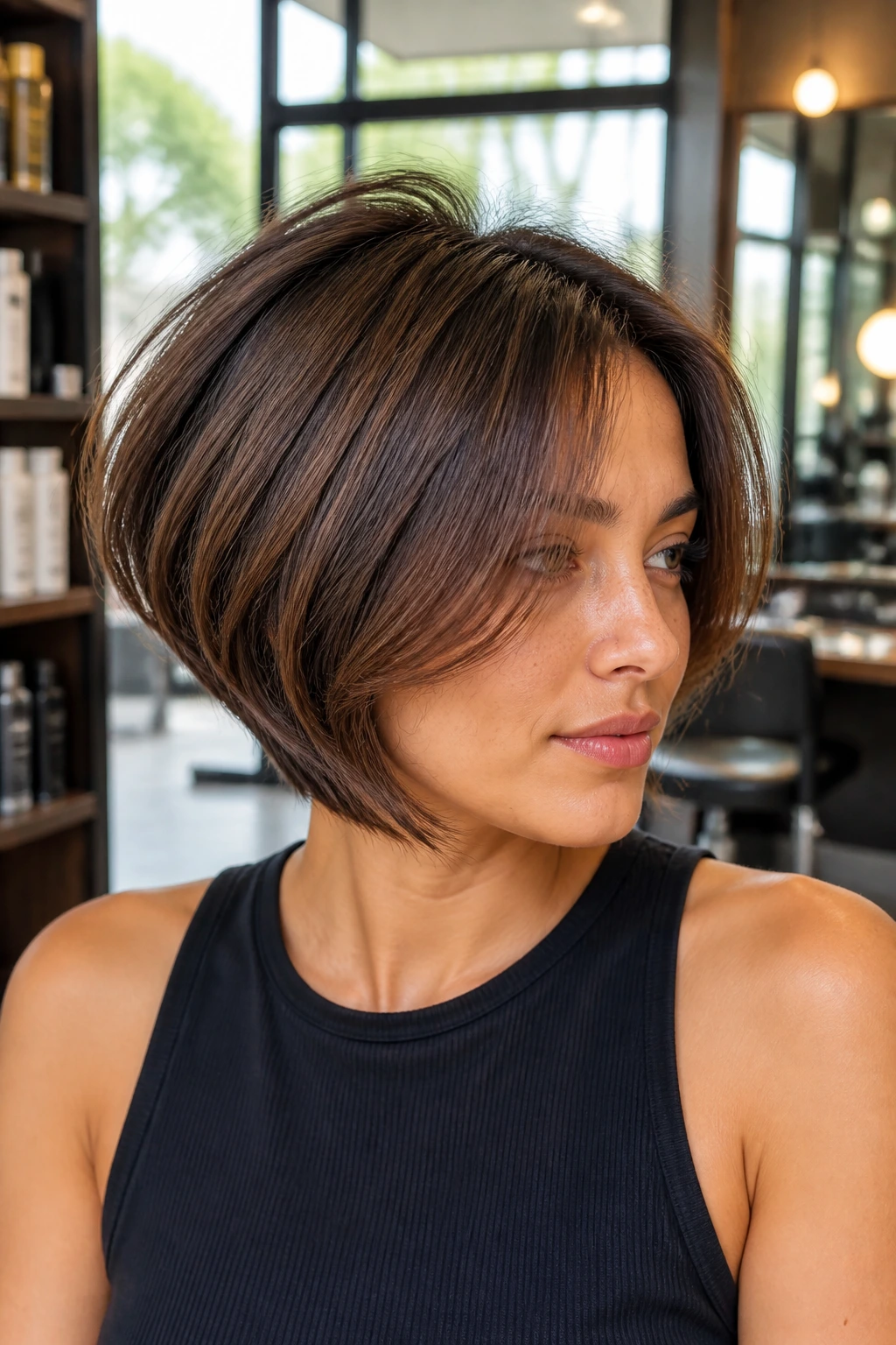 Close-up of a real woman showing a graduated back stack and structured curtain fringe in three-quarter profile.