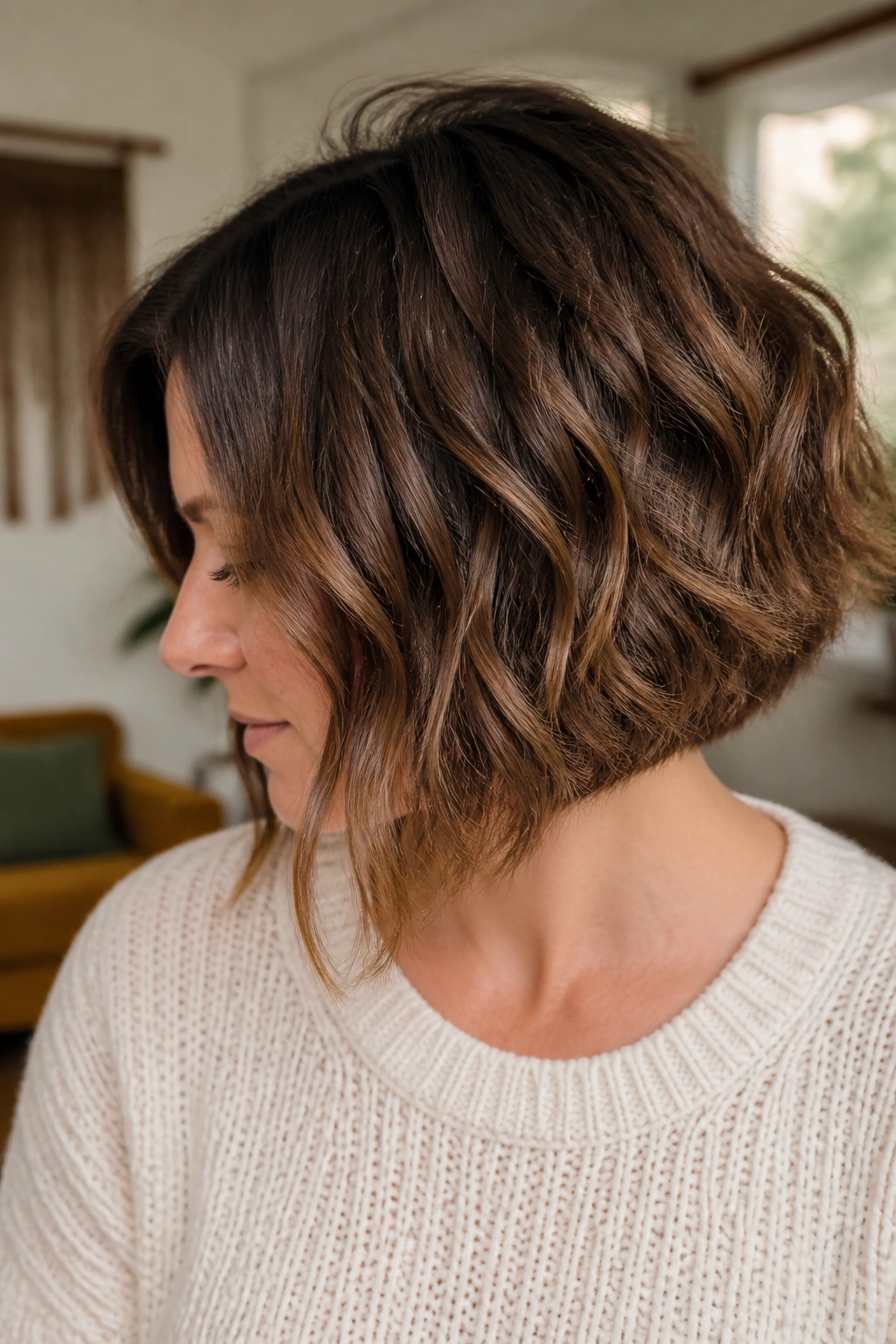 Medium close-up of a real woman with graduated bob and diffused waves in warm daylight
