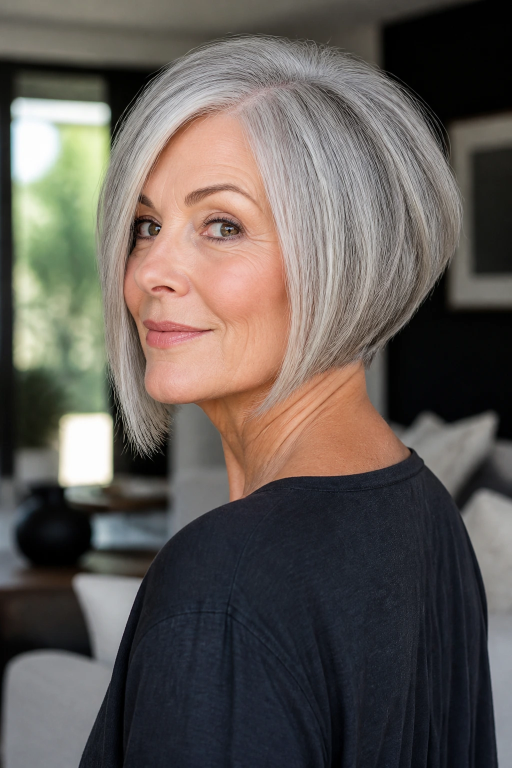 Medium close-up of a woman with a graduated bob for gray hair in softly lit living room