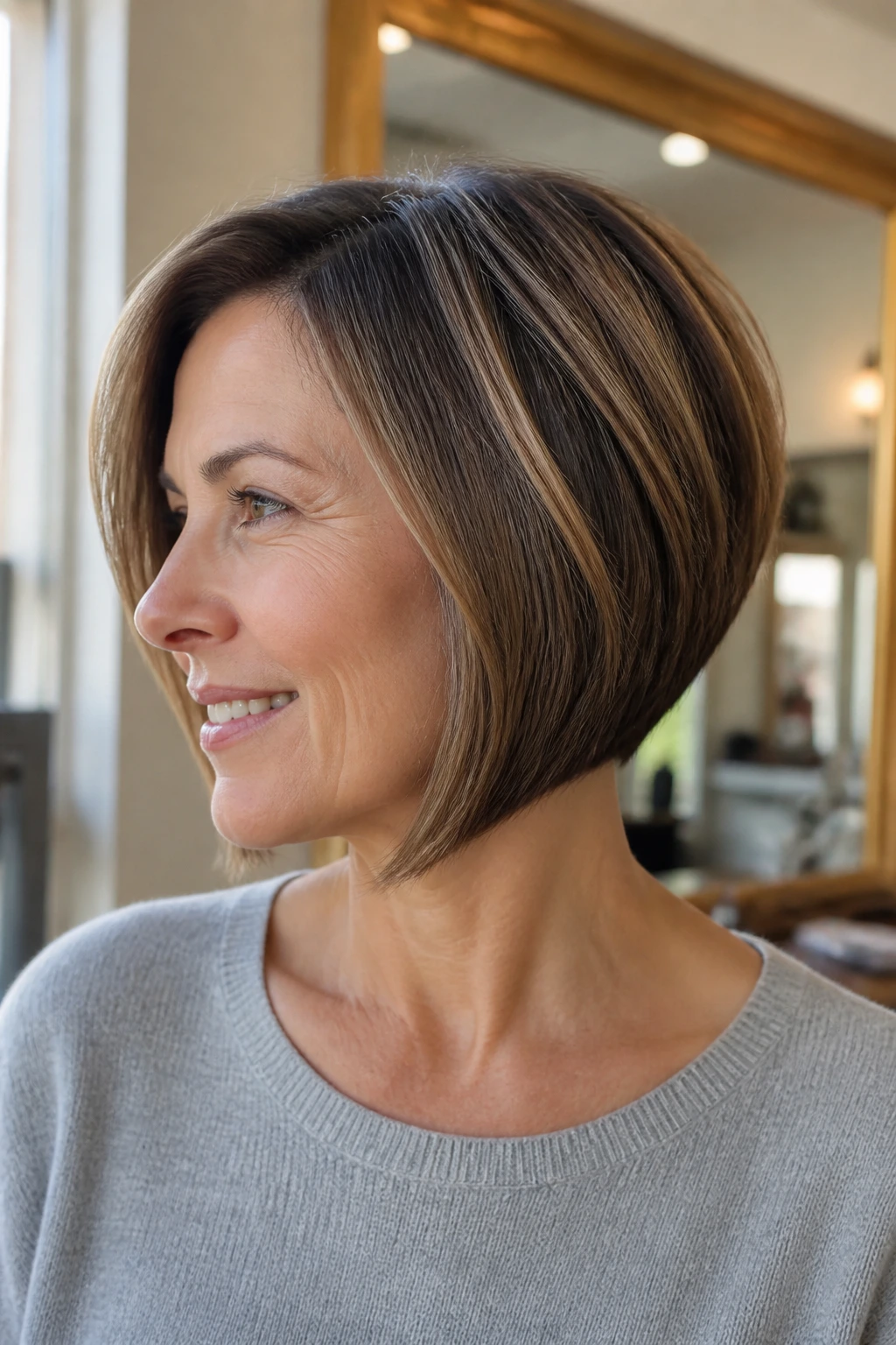 Medium close-up portrait of a real woman wearing a graduated bob with smooth back and continuous front line