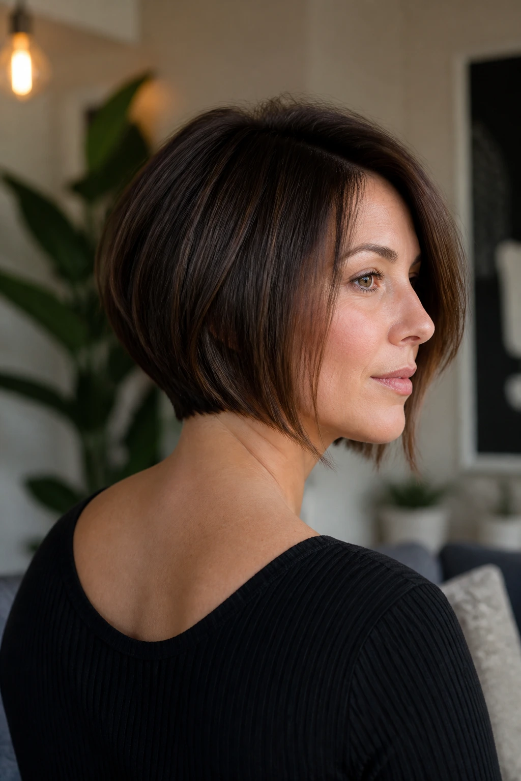 Portrait of a real woman with a graduated bob showing back slope