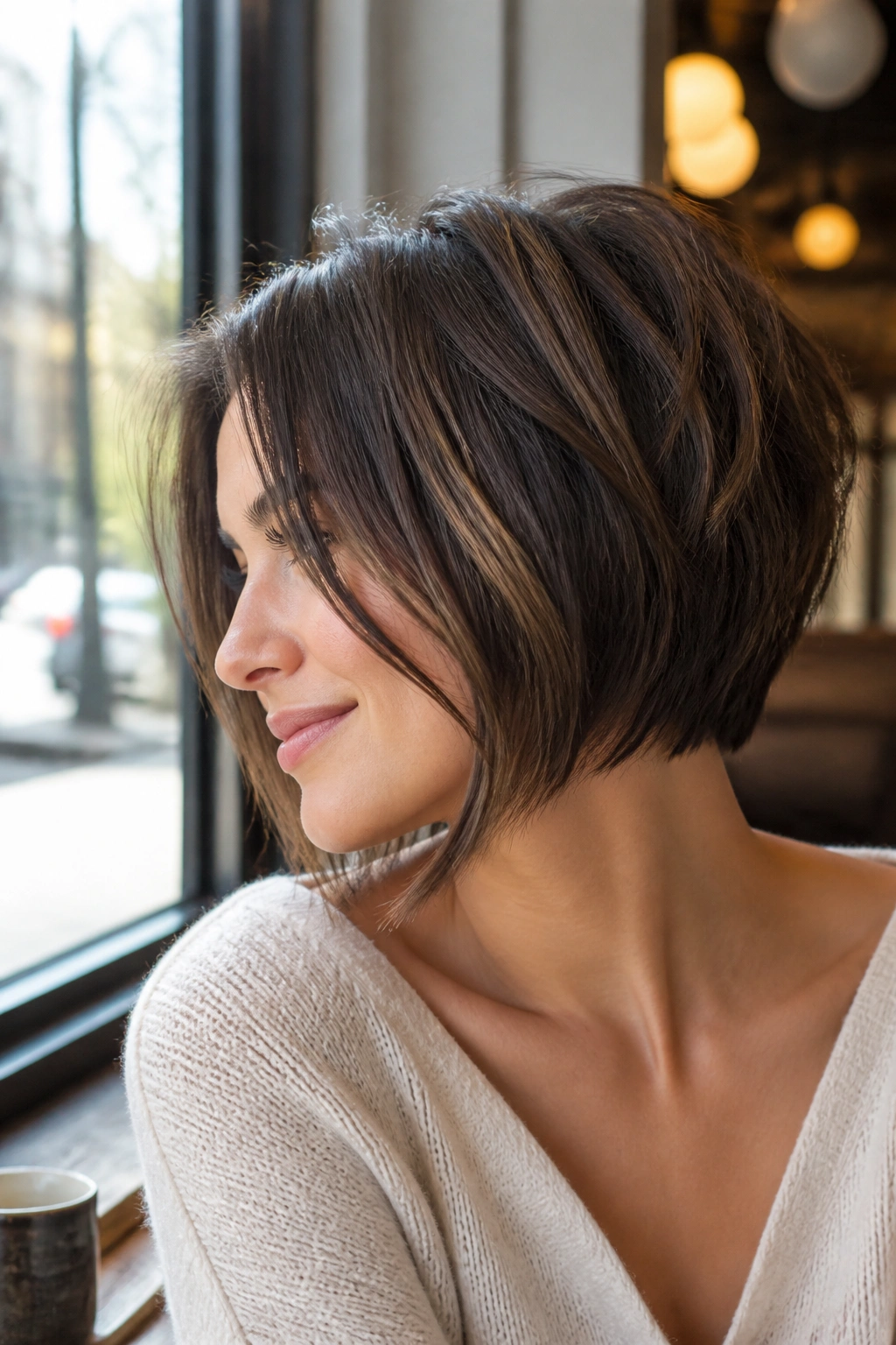 Close-up portrait of a real woman with a graduated bob showing stacked nape and longer front pieces, in cafe window light.