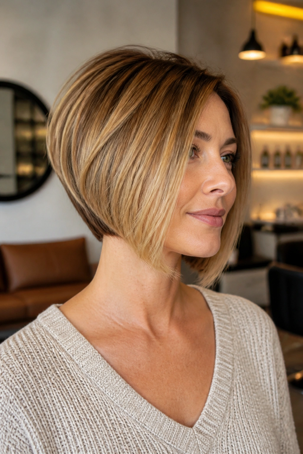 Close-up of a real woman with a graduated bob showing layered back and longer front.