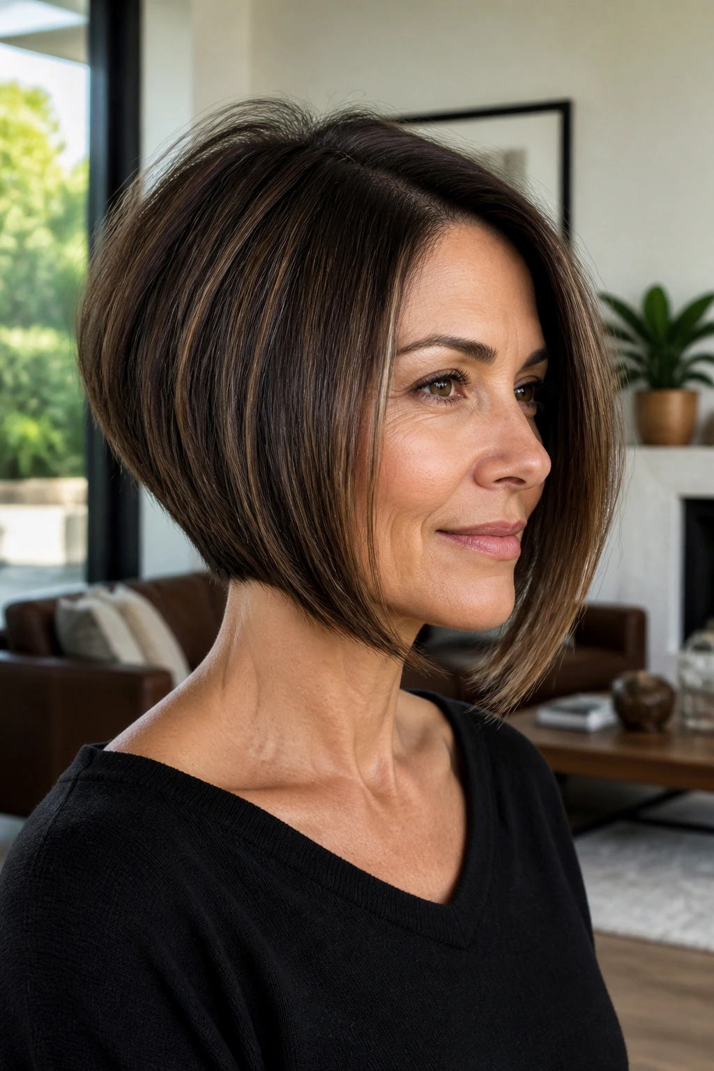 Close-up of a woman with a graduated bob hairstyle