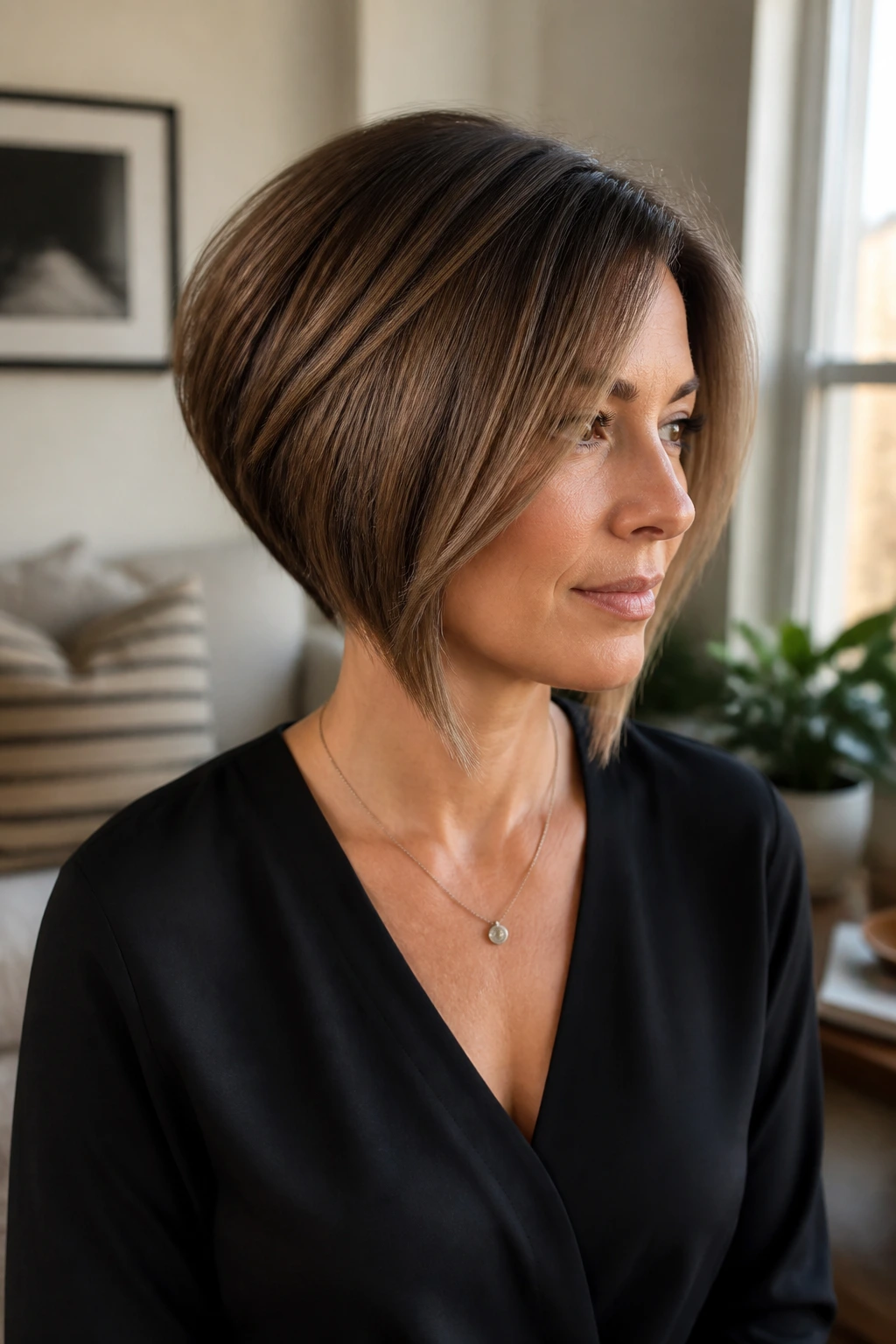 Three-quarter portrait of graduated bob with stacked nape on real person