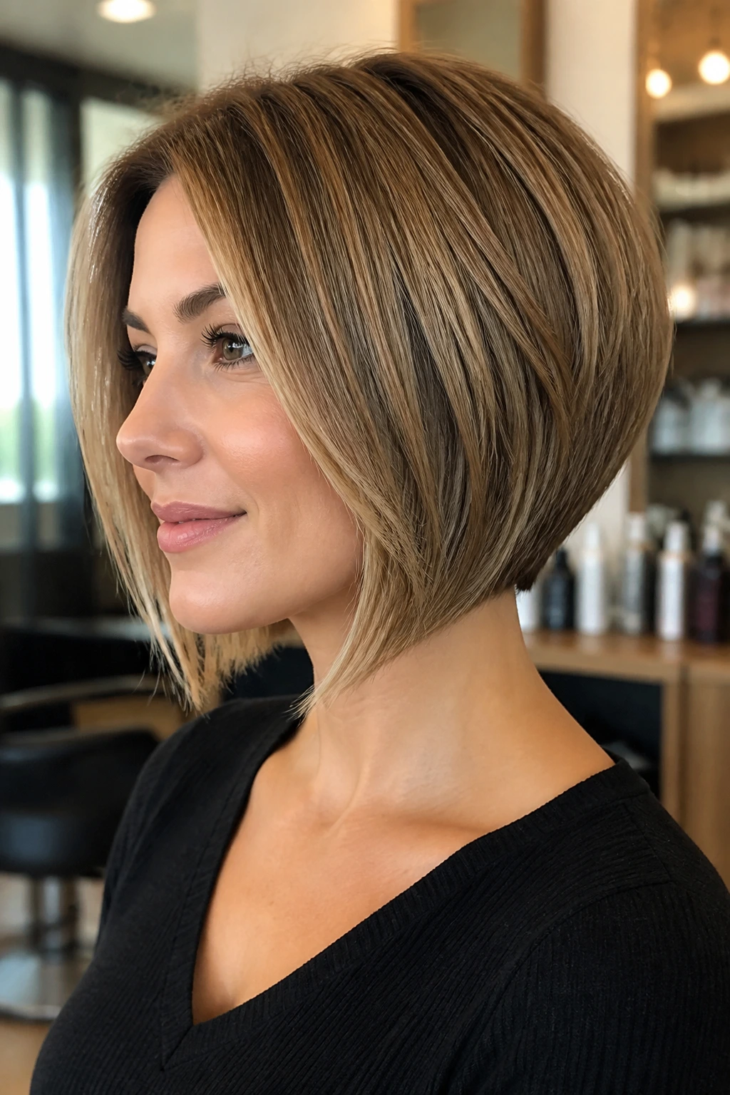 Close-up portrait of a woman with a graduated bob hairstyle showing crown volume