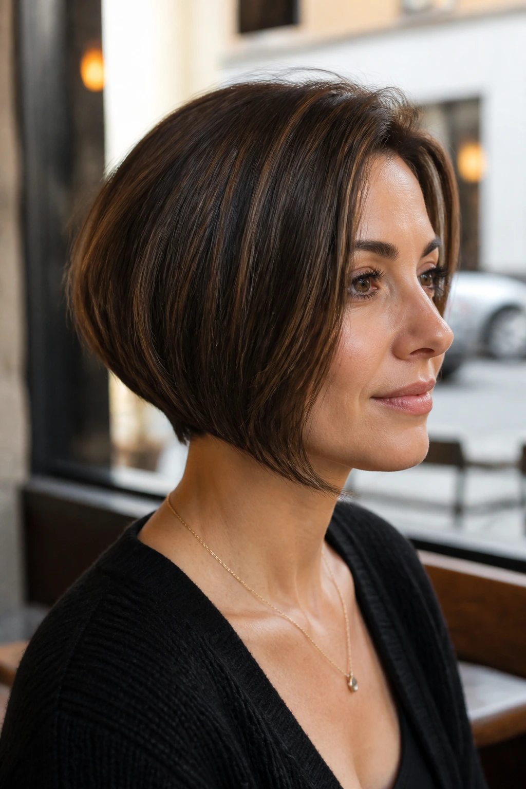 Real woman wearing a graduated bob with a hidden stack at the back