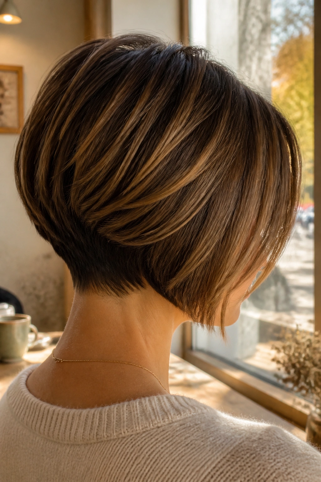 Close-up of a real woman with a graduated bob and lifted nape, three-quarter view