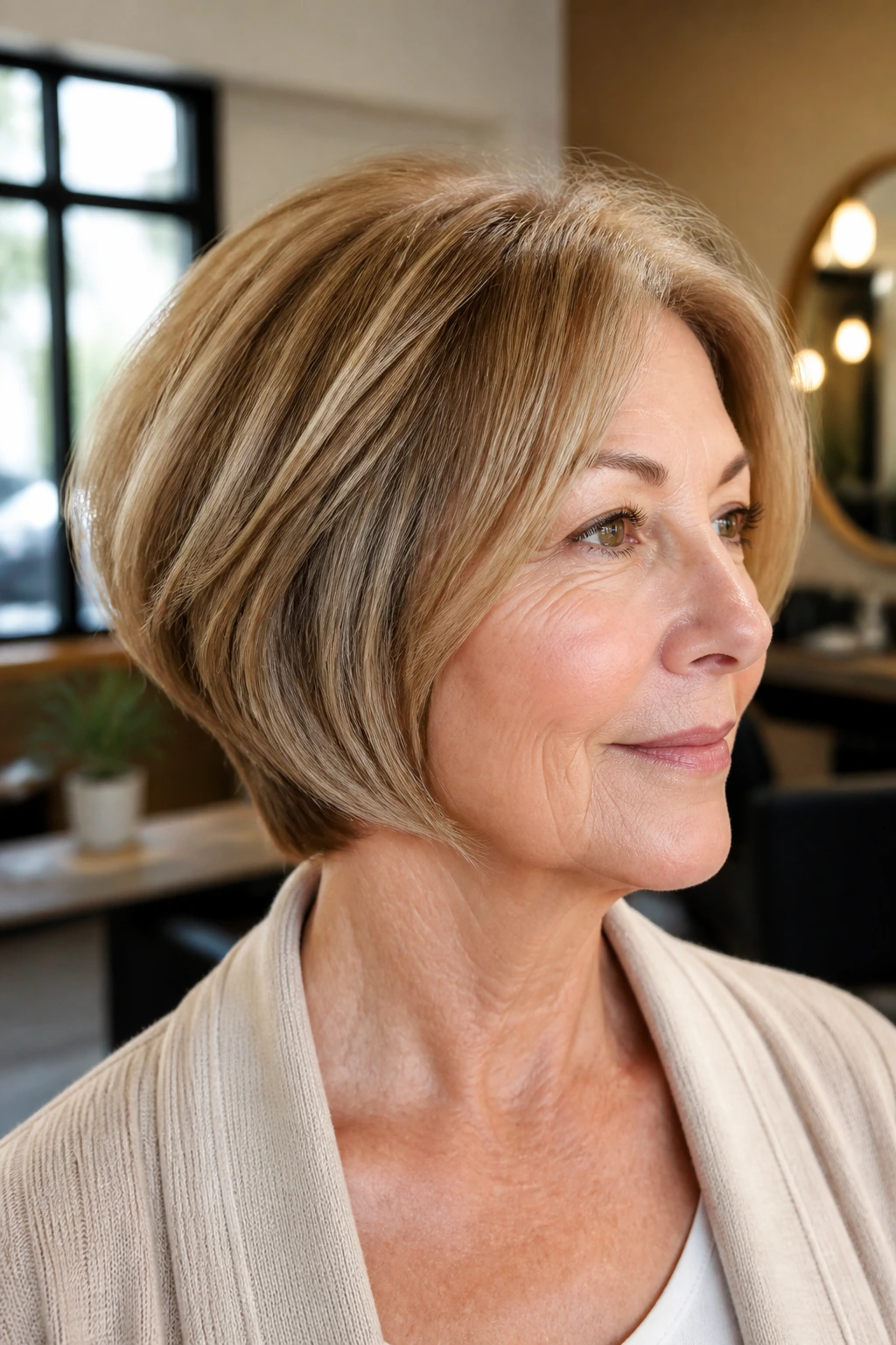 Close-up of a real woman with a graduated bob and built-in lift at the crown.