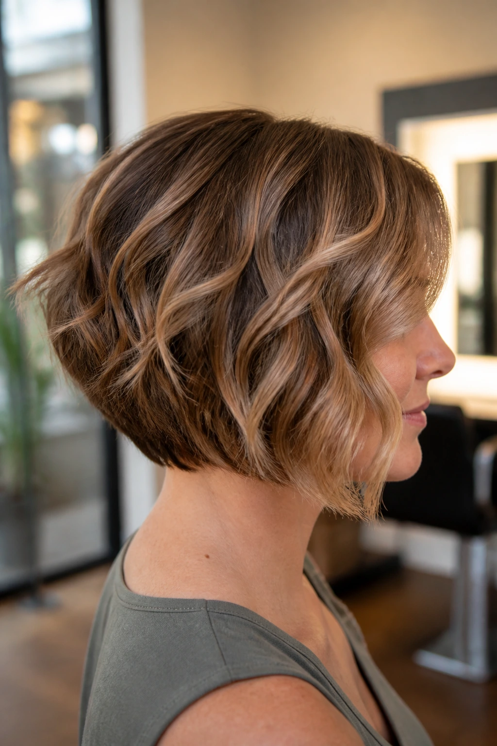 Three-quarter profile of a real woman with graduated bob and loose waves