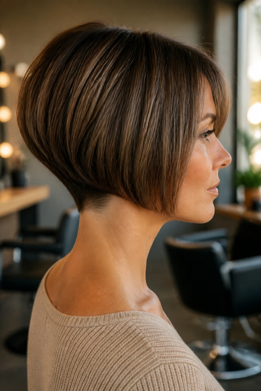 Close-up portrait of a real woman with a graduated bob and lifted nape