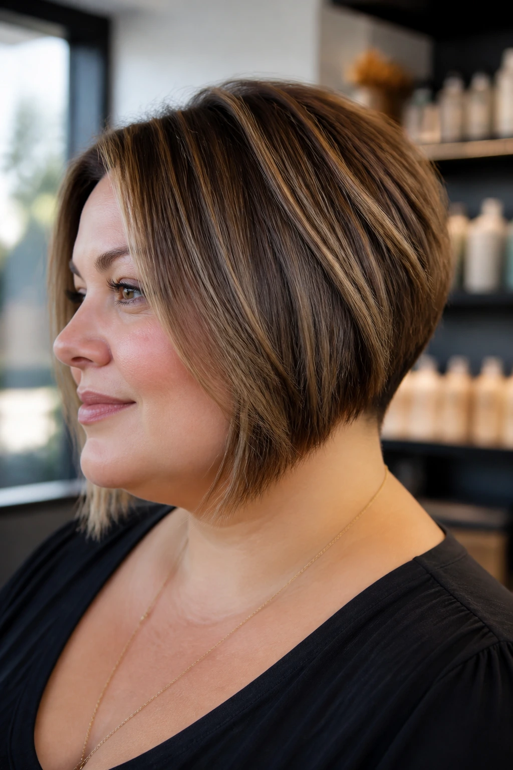 Close-up of a real woman with a graduated bob and nape stack in soft daylight