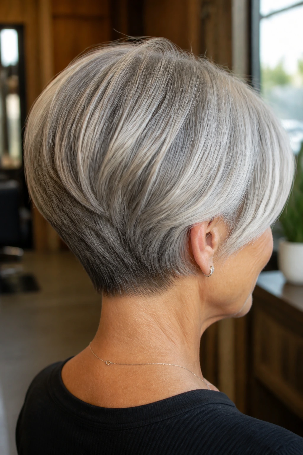 Back-of-head close-up of a real woman with a stacked nape graduated bob.