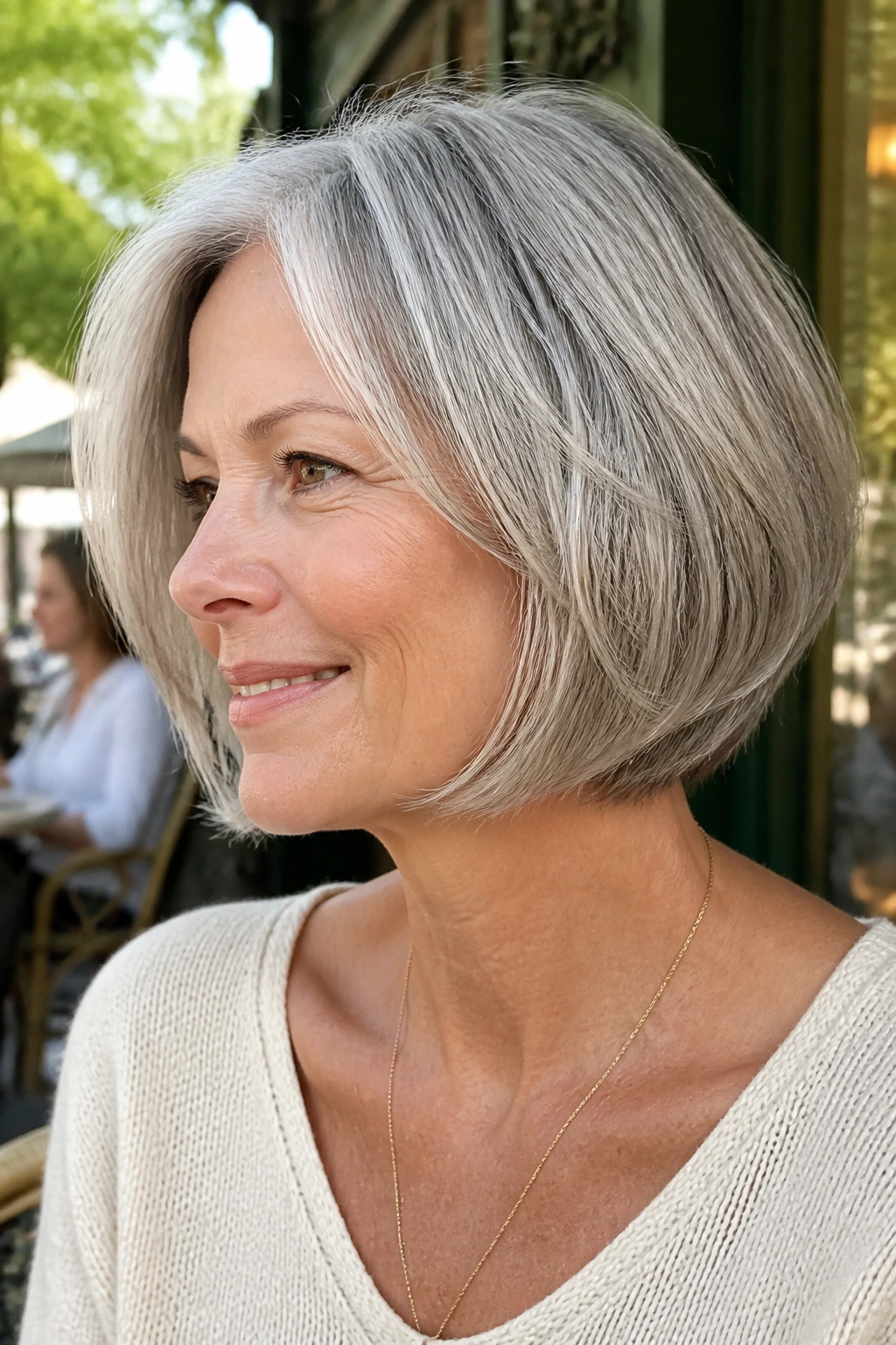 Close-up of real woman with neck-grazing graduated bob hairstyle in daylight outdoors