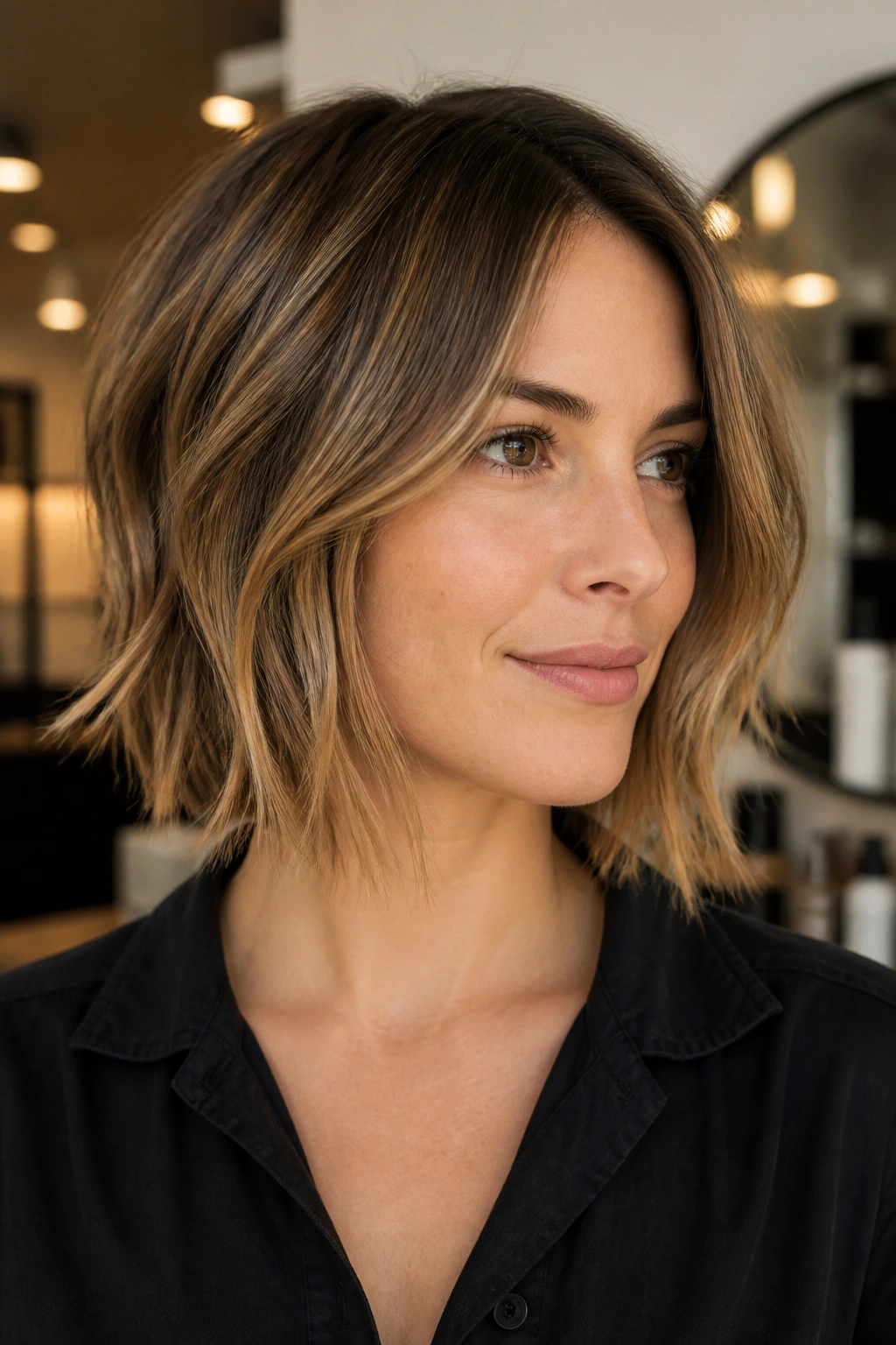 Real woman with graduated bob featuring piecey ends and lifted nape in warm salon lighting