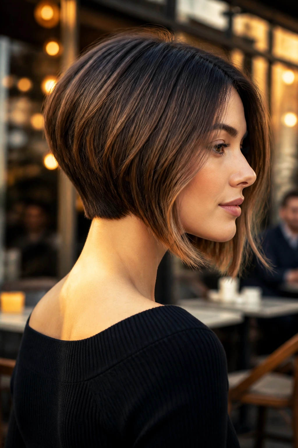 Close-up portrait of a real woman with a graduated bob hairstyle.