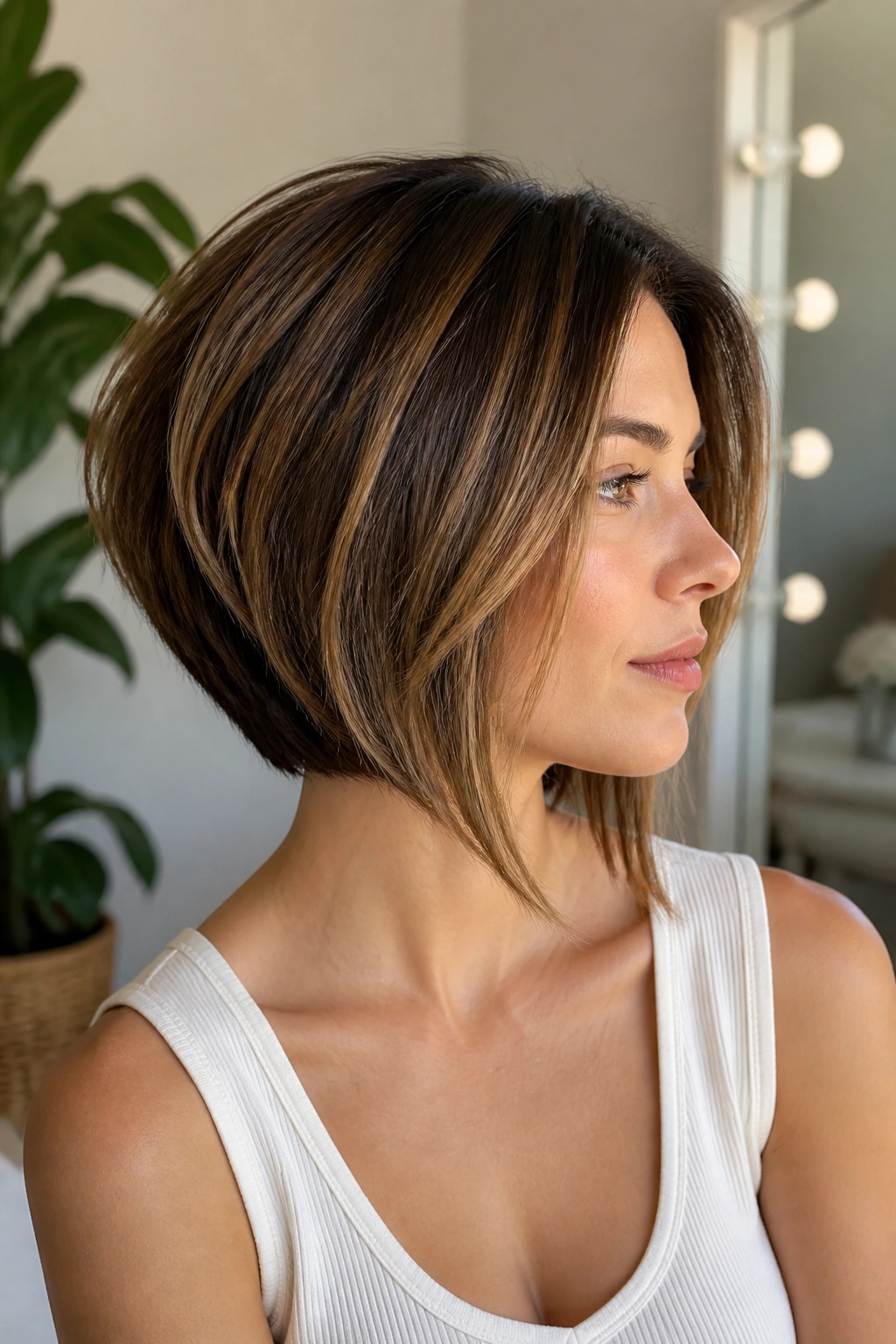 Close-up of a real woman with a graduated bob, stacked back and tapered front in sunlight