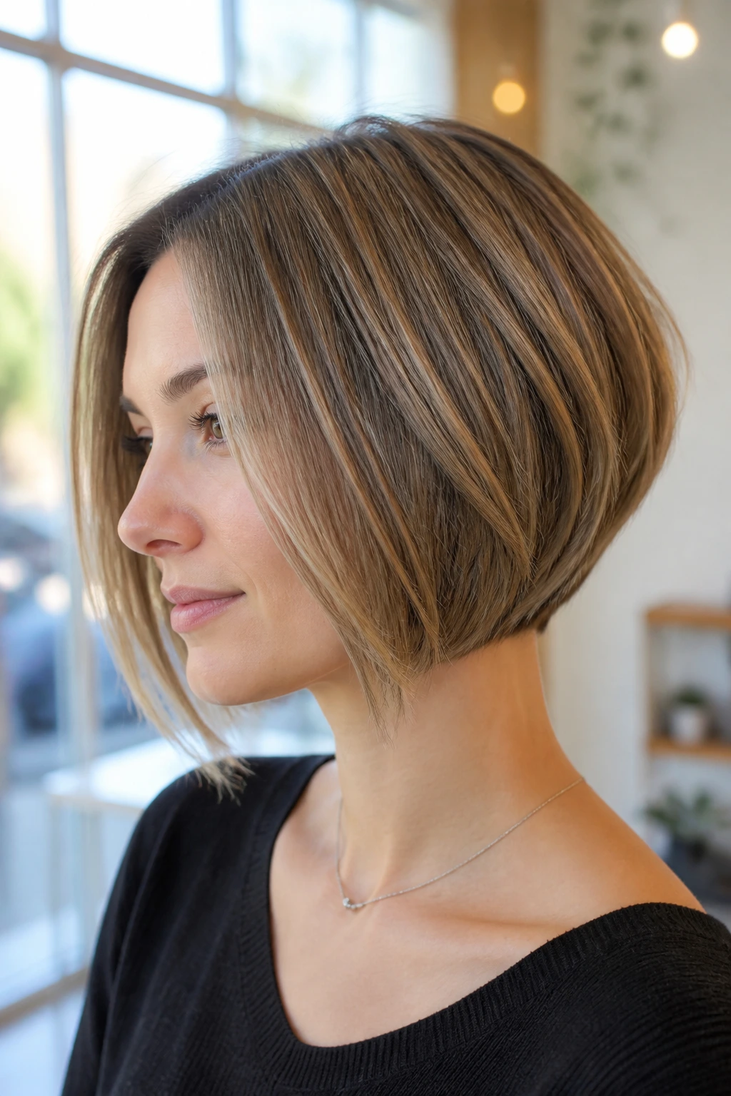 Close-up of a real woman with a graduated bob in window light