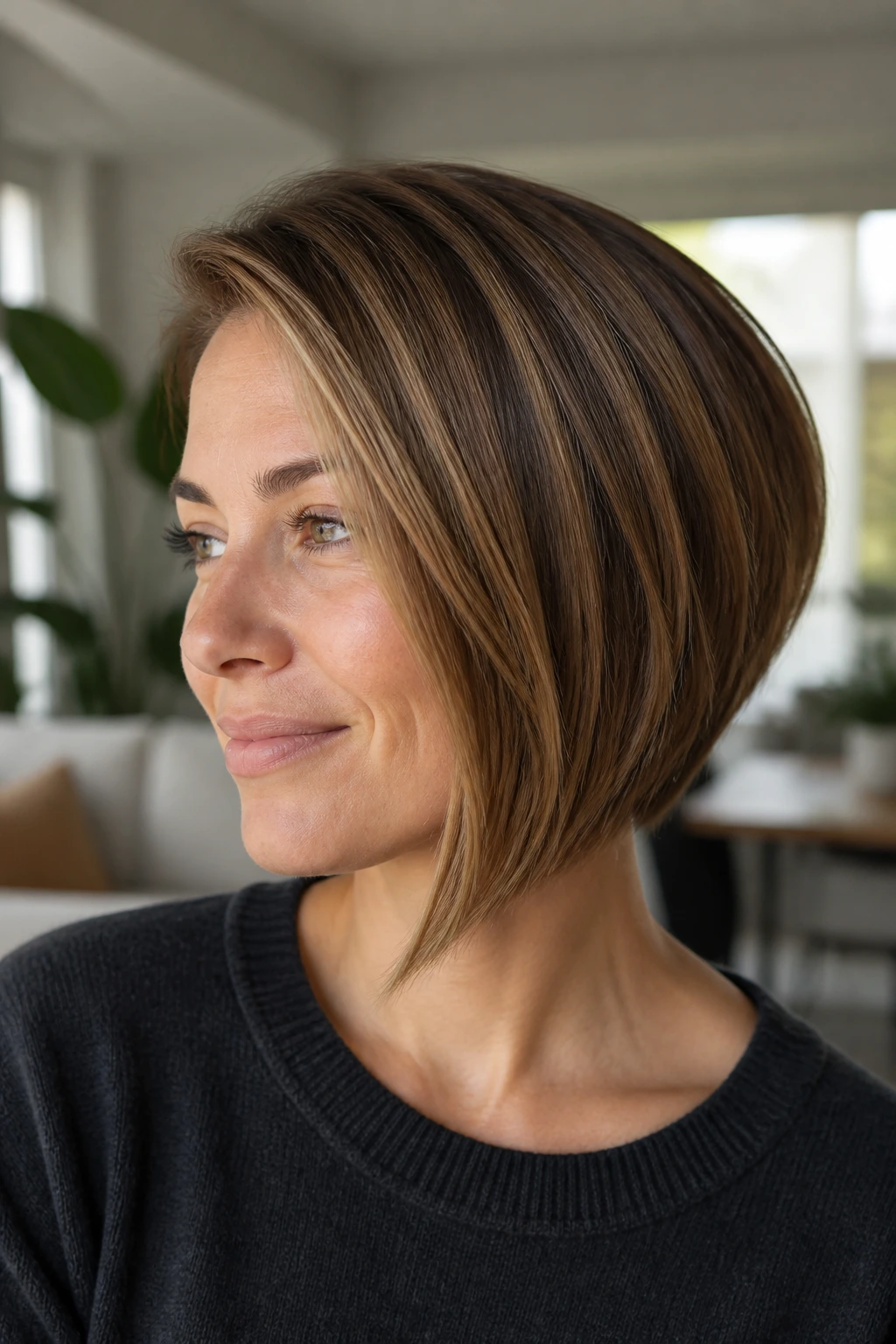 Close-up portrait of a real woman with a graduated bob in bright living space