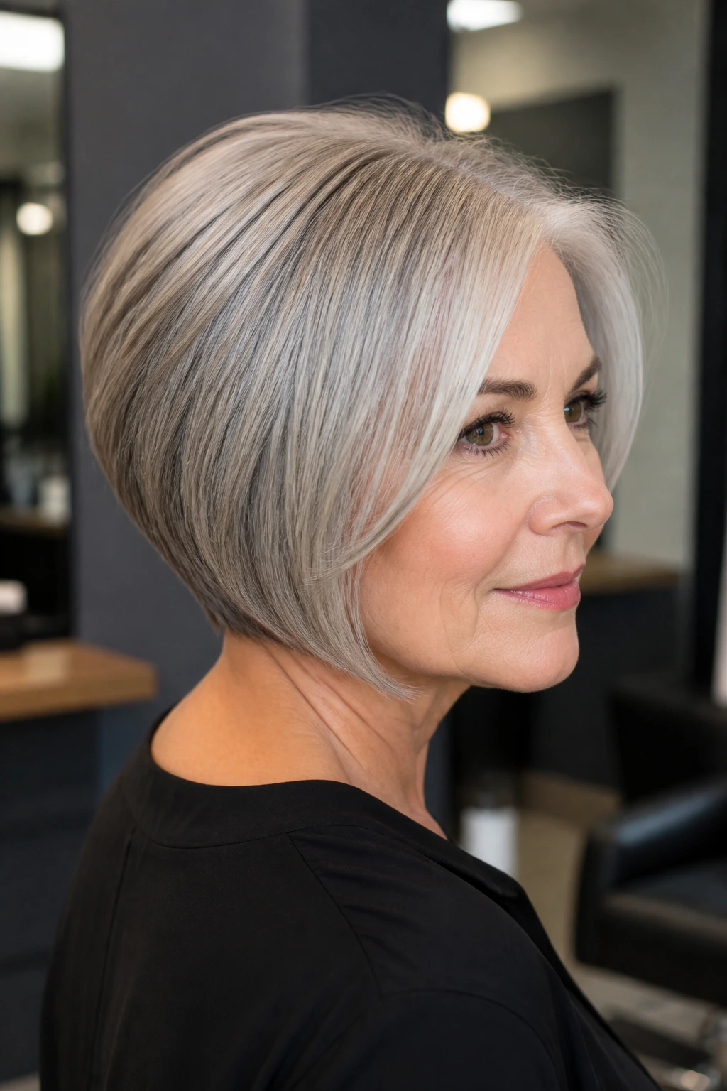 Close-up of a real woman with a graduated bob and silver hair in a modern salon.
