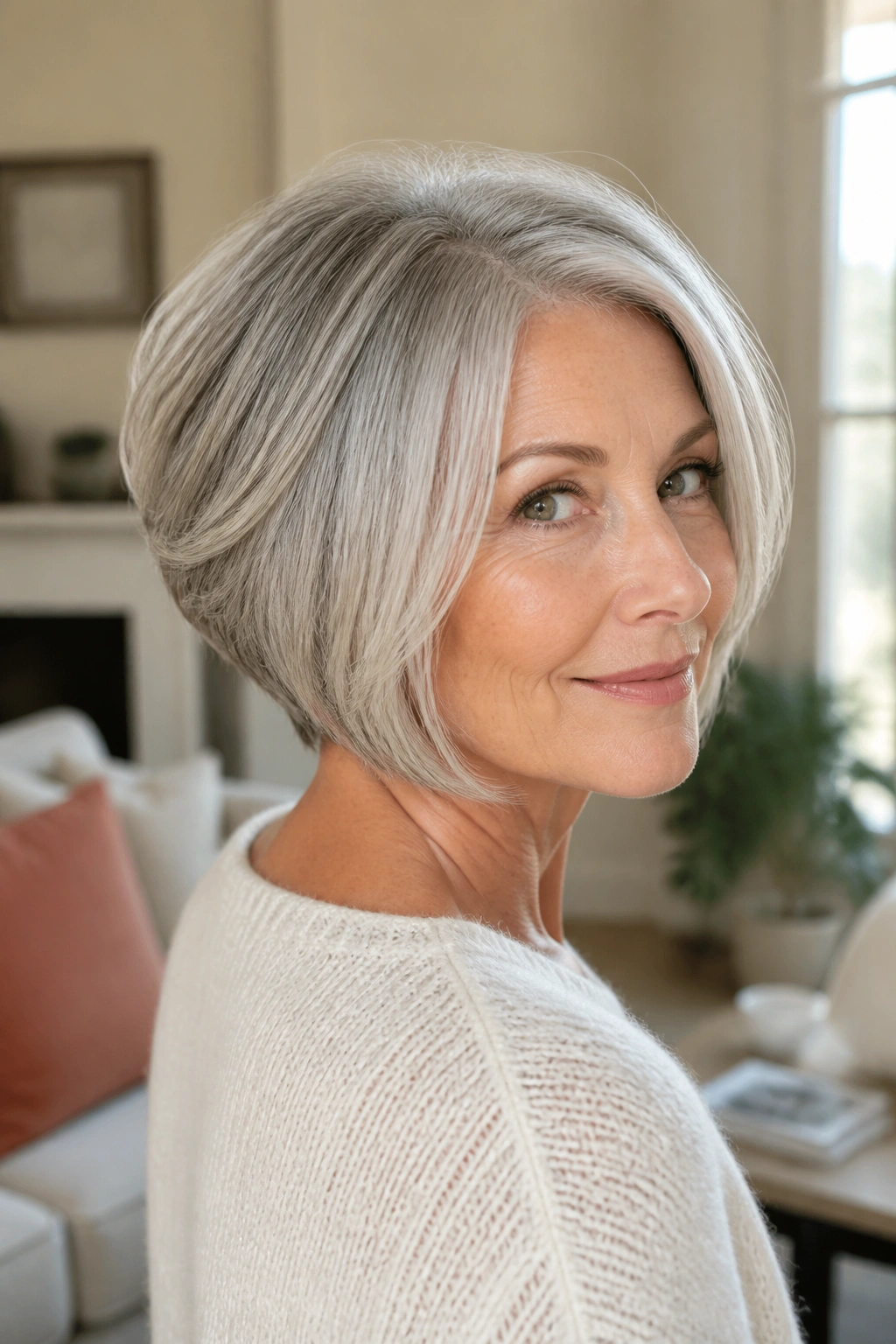 Close-up portrait of a real mature woman with silver-gray graduated bob and soft stack.