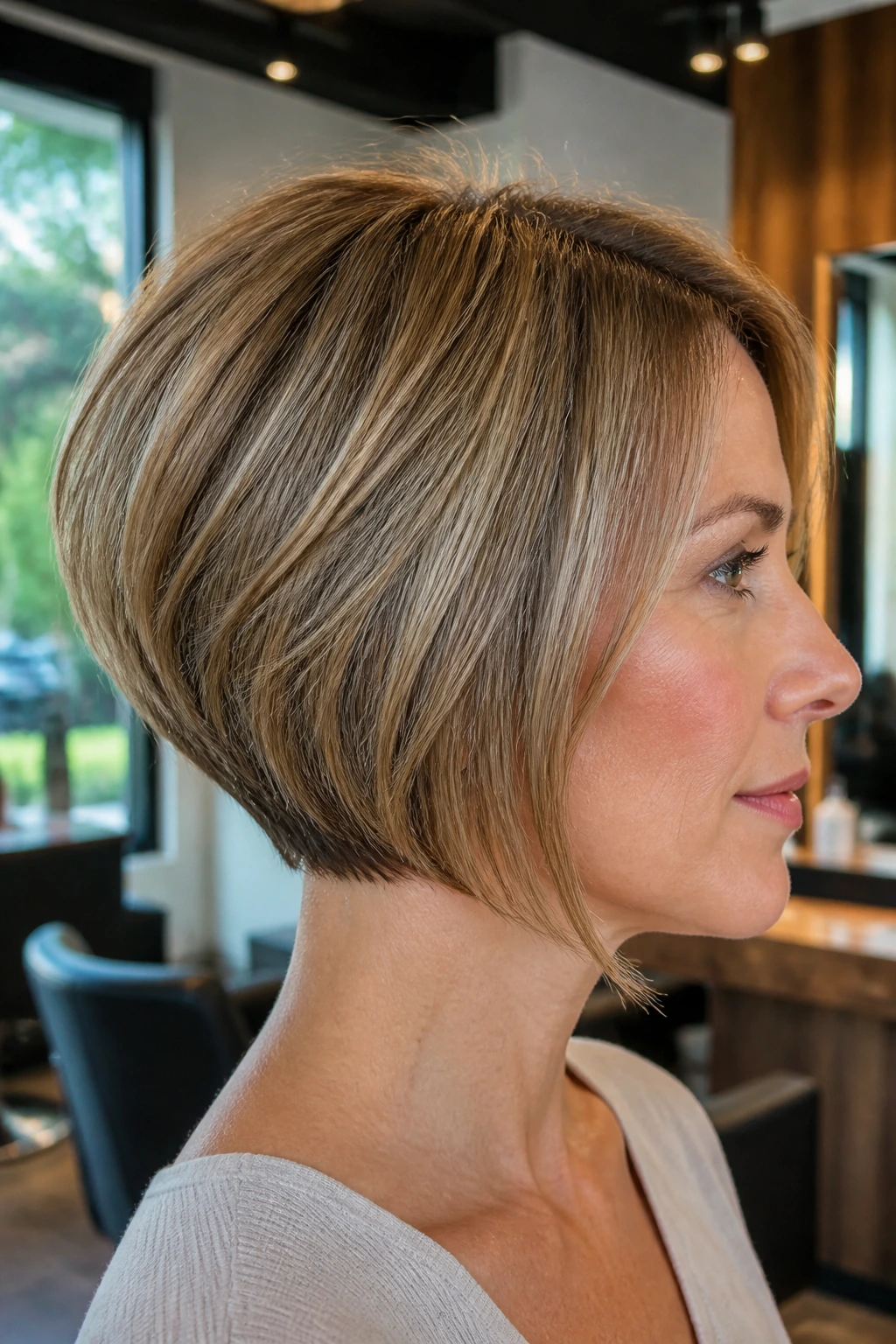 Close-up of a real woman with a graduated bob soft stack and crown lift in a salon setting