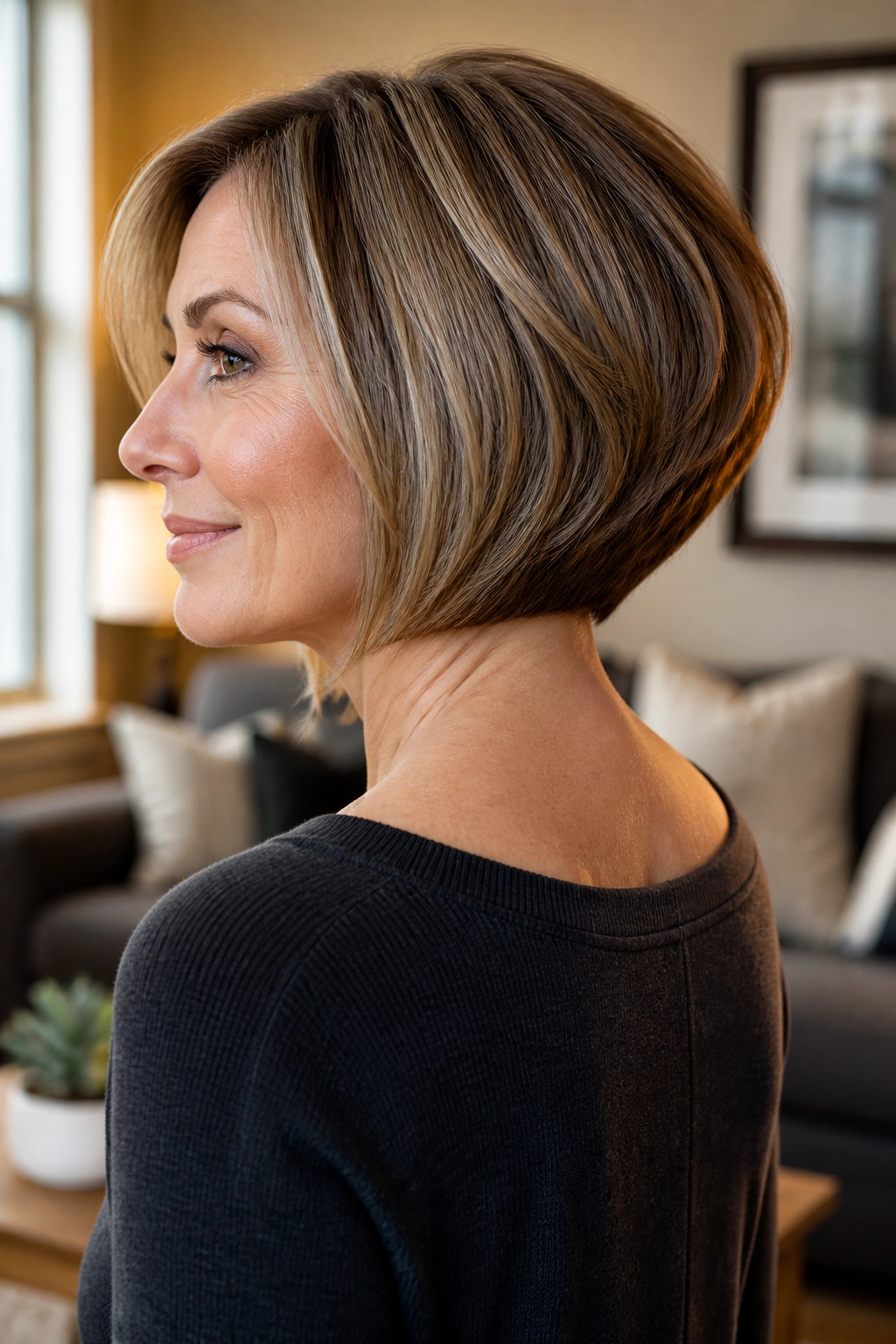 Portrait of a woman showing a graduated bob with back stack.