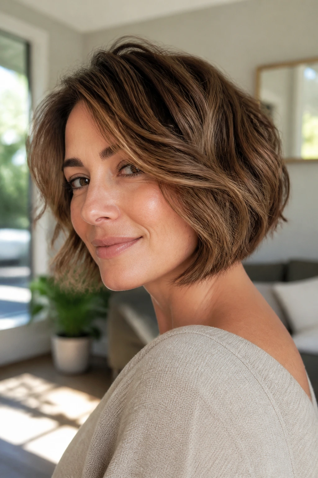 Close-up portrait of a real woman with a graduated bob and sweeping movement in daylight