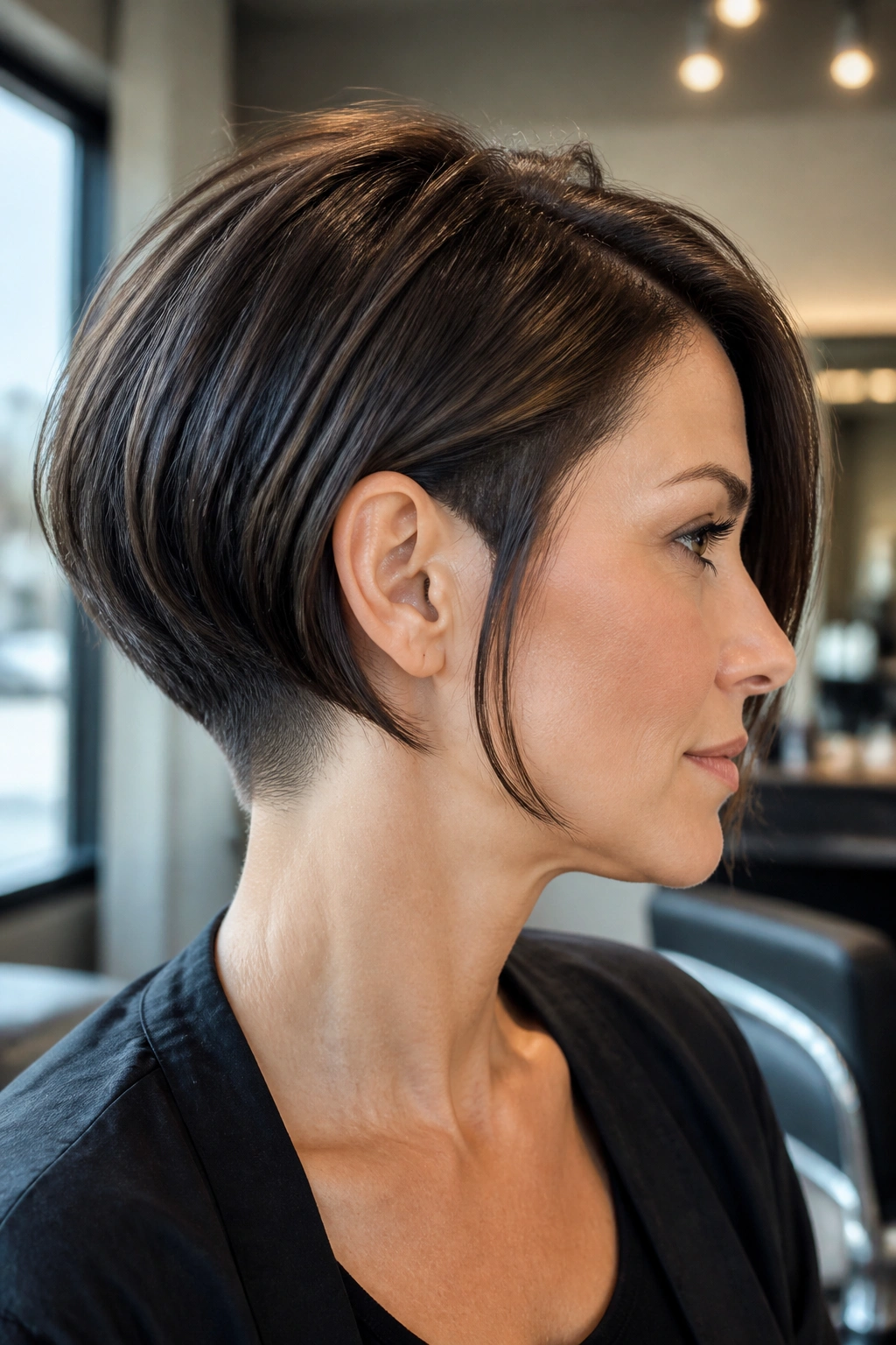 Close-up portrait of a real person with a graduated bob and hidden undercut