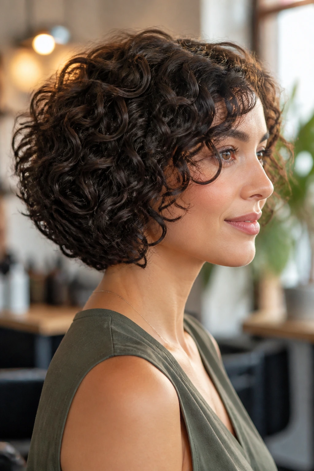 Close-up of a real woman with a soft graduated curly bob in warm window light