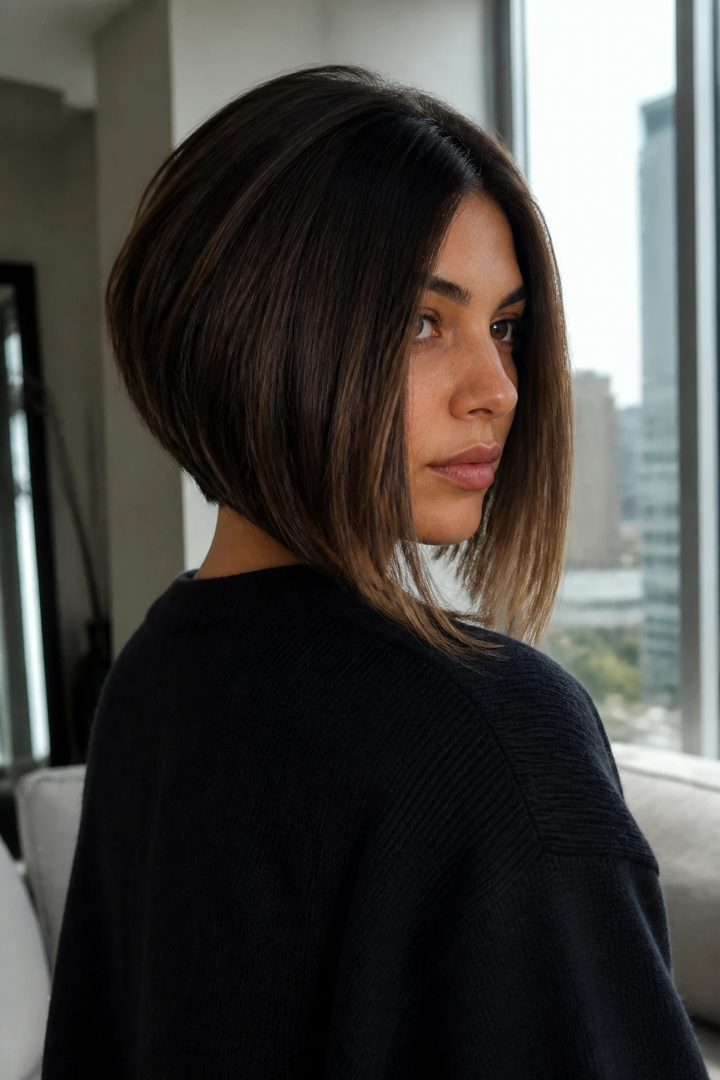 Close-up of a real person showing a graduated lob hairstyle in daylight