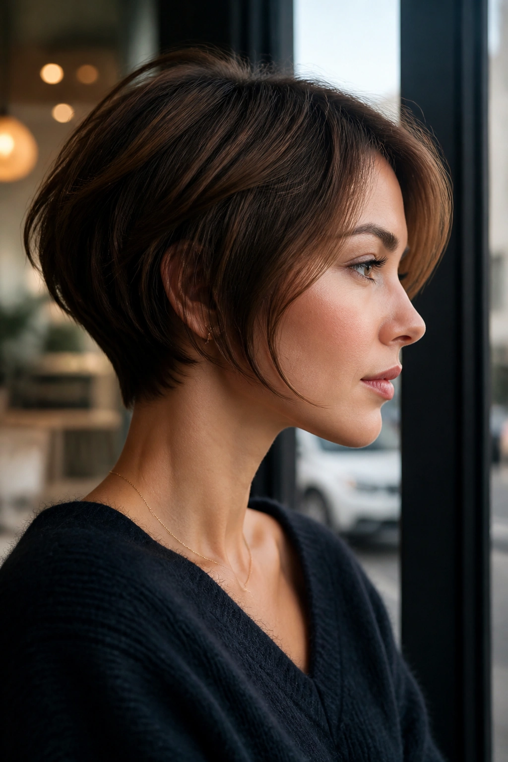 Portrait of a real woman with graduated neck-hugging pixie bob