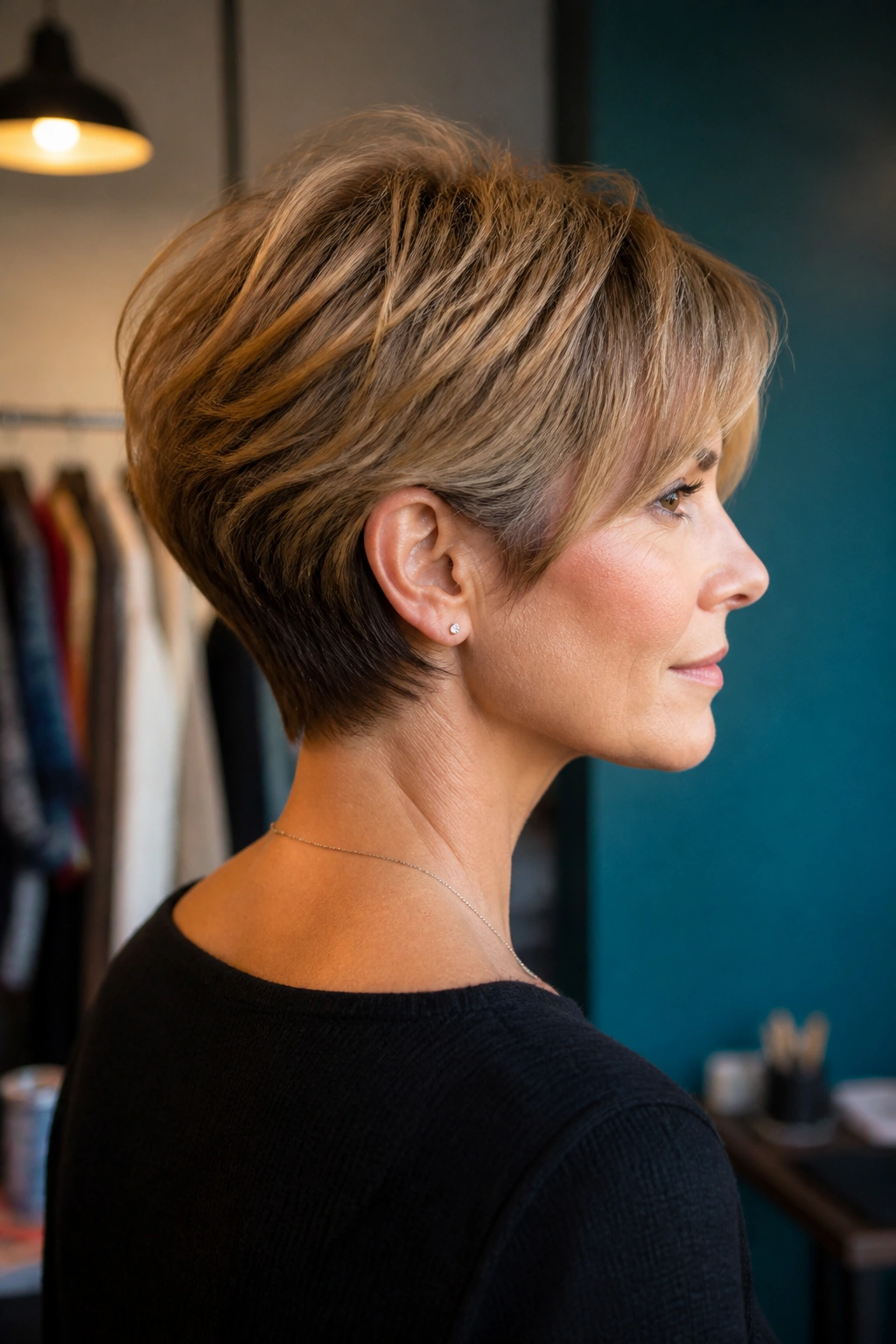 Profile view of a real woman with stacked back graduation pixie